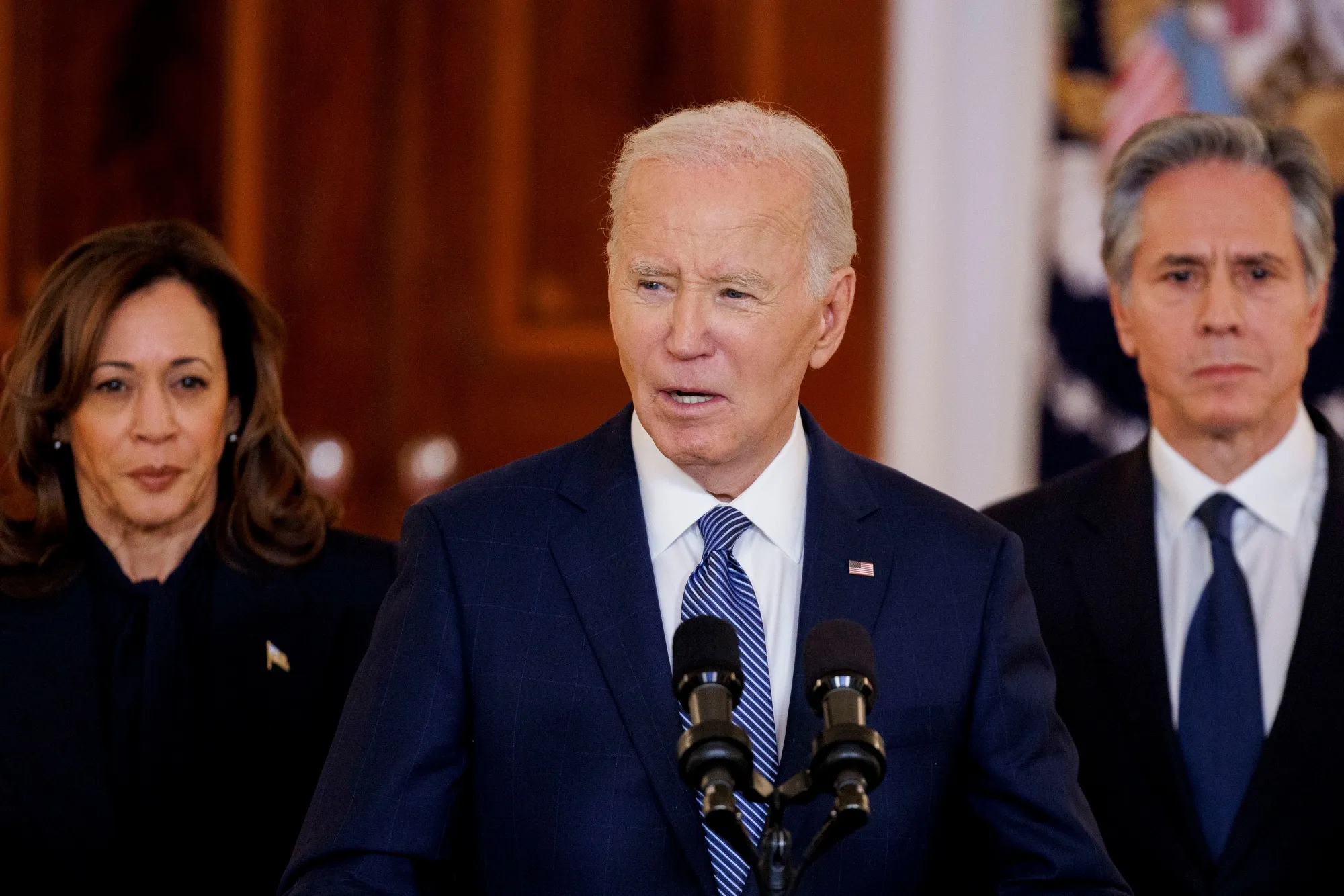 Kamala Harris, from left, Joe Biden, and Antony Blinken at the White House in January.