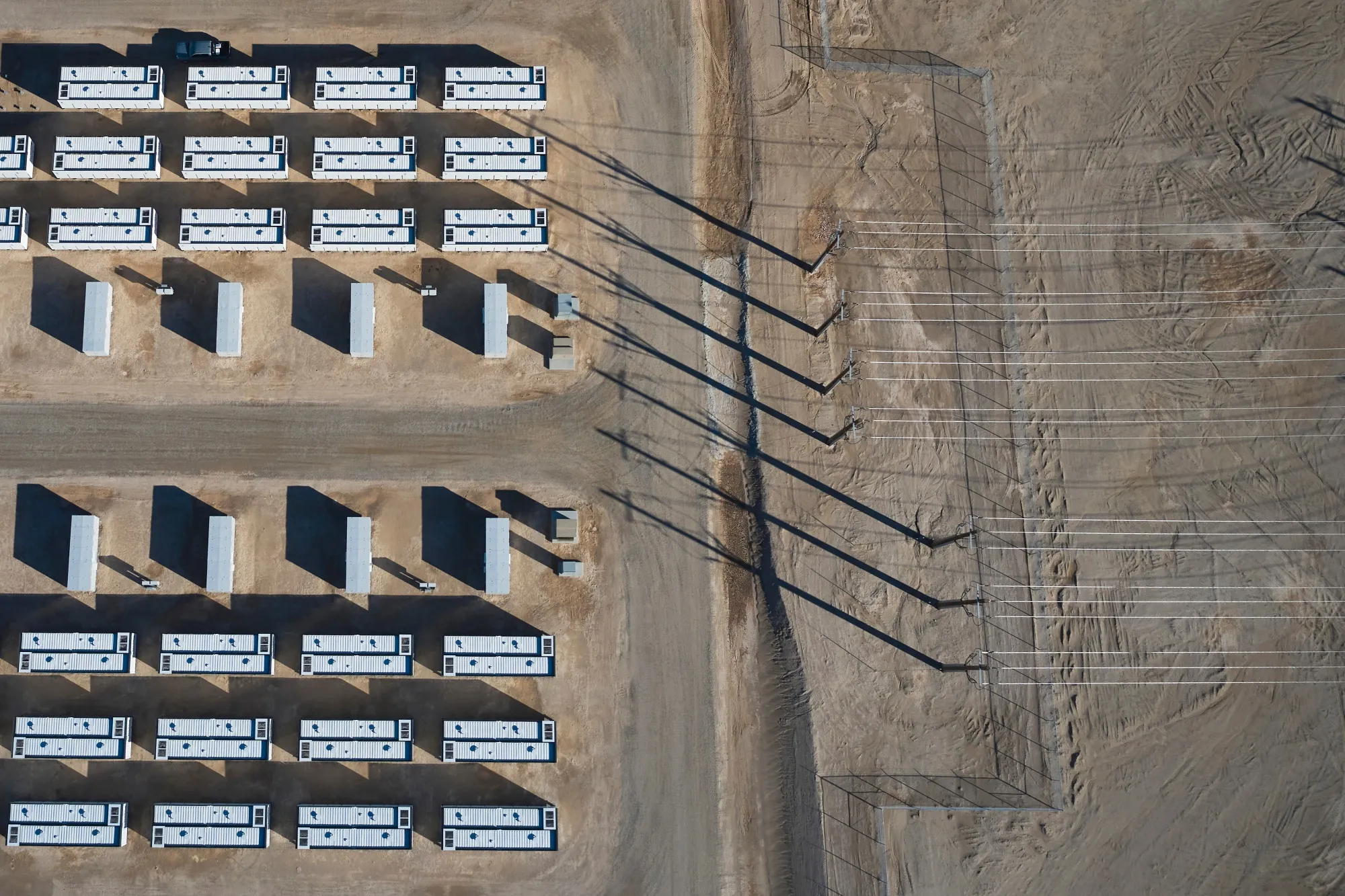 Power transmission lines connecting to the Crimson Battery Energy Storage Project in Blythe, California.