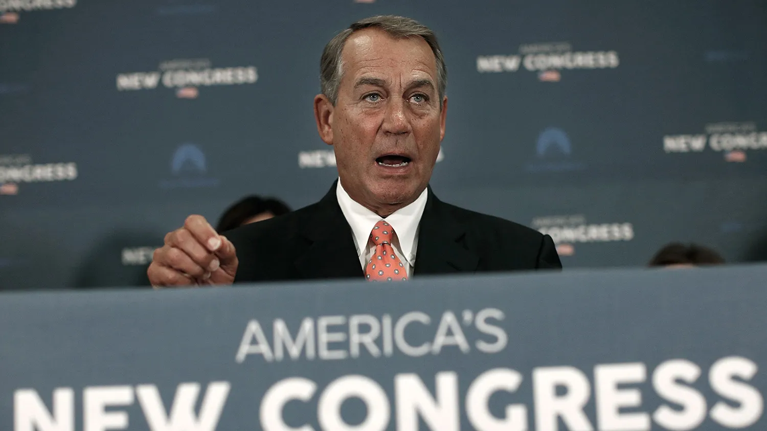 WASHINGTON, DC - JANUARY 13: U.S. Speaker of the House John Boehner (R-OH) answers questons at a press conference following a meeting of the House Republican caucus at the U.S Capitol on January 13, 2015 in Washington, DC. Boehner and other members of the Republican congressional leadership are scheduled to meet with U.S. President Barack Obama at the White House later today.
