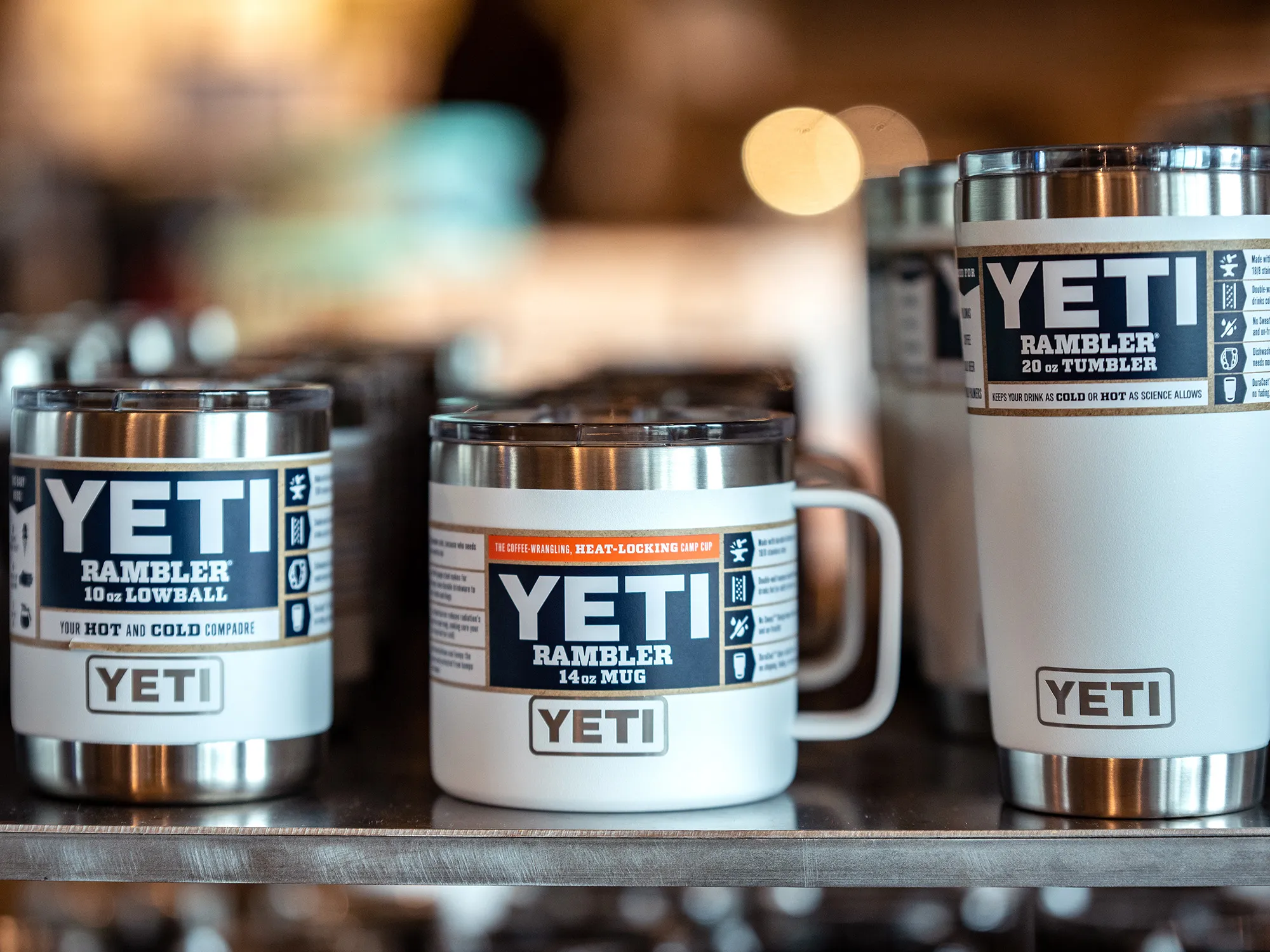 Rambler mugs and thermoses sit on display for sale at the Yeti Holdings Inc. flagship store in Austin, Texas, U.S., on Wednesday, Sept. 12, 2018.
