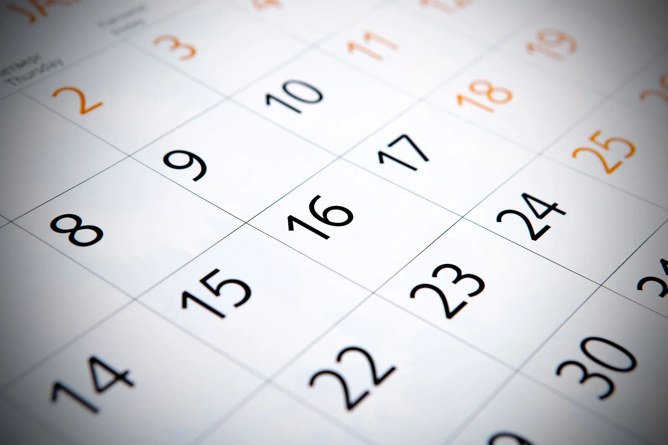 sheet of a calendar with the number of days close-up
