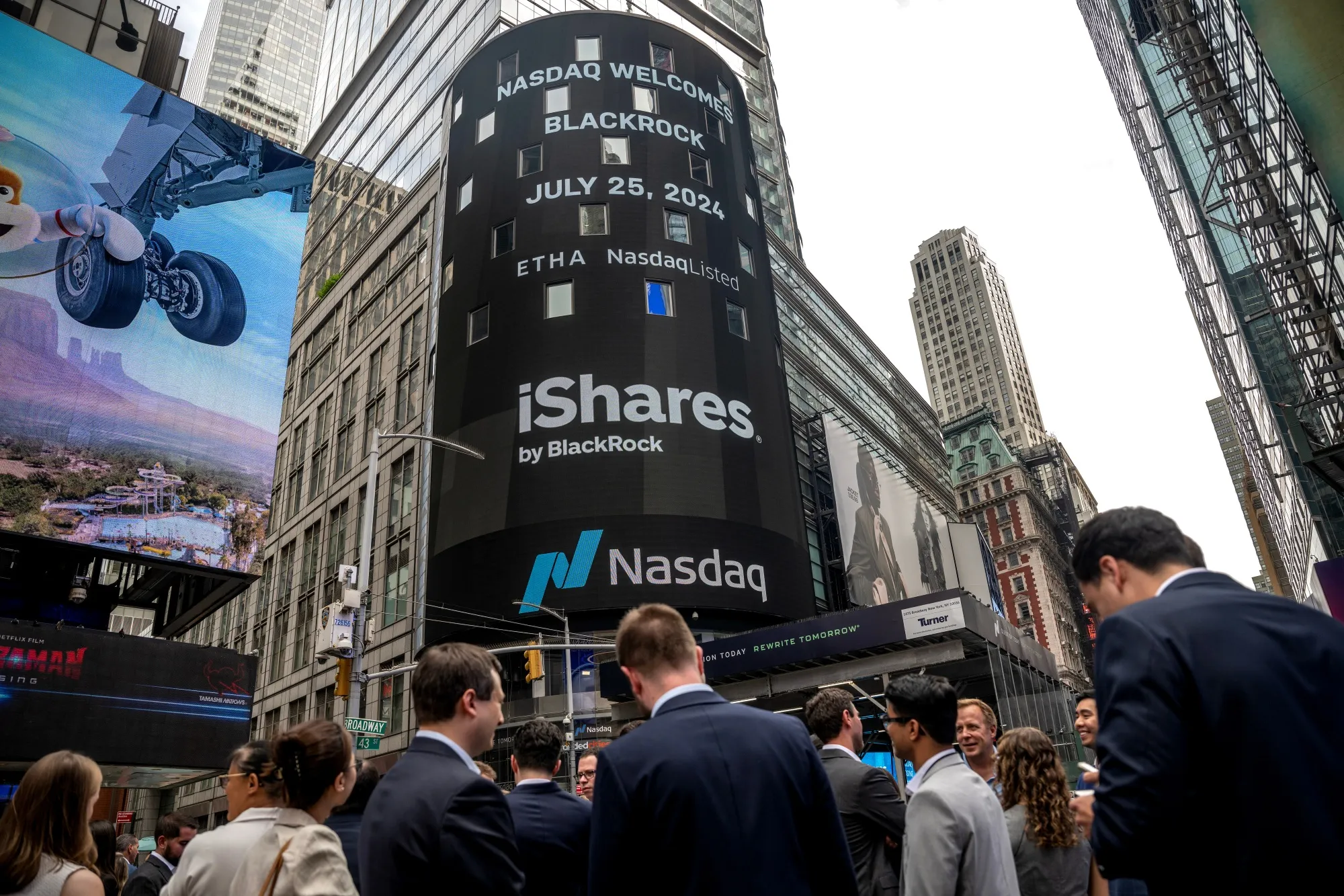 BlackRock's iShares Ethereum Trust ETF&nbsp;signage outside the Nasdaq MarketSite in New York.