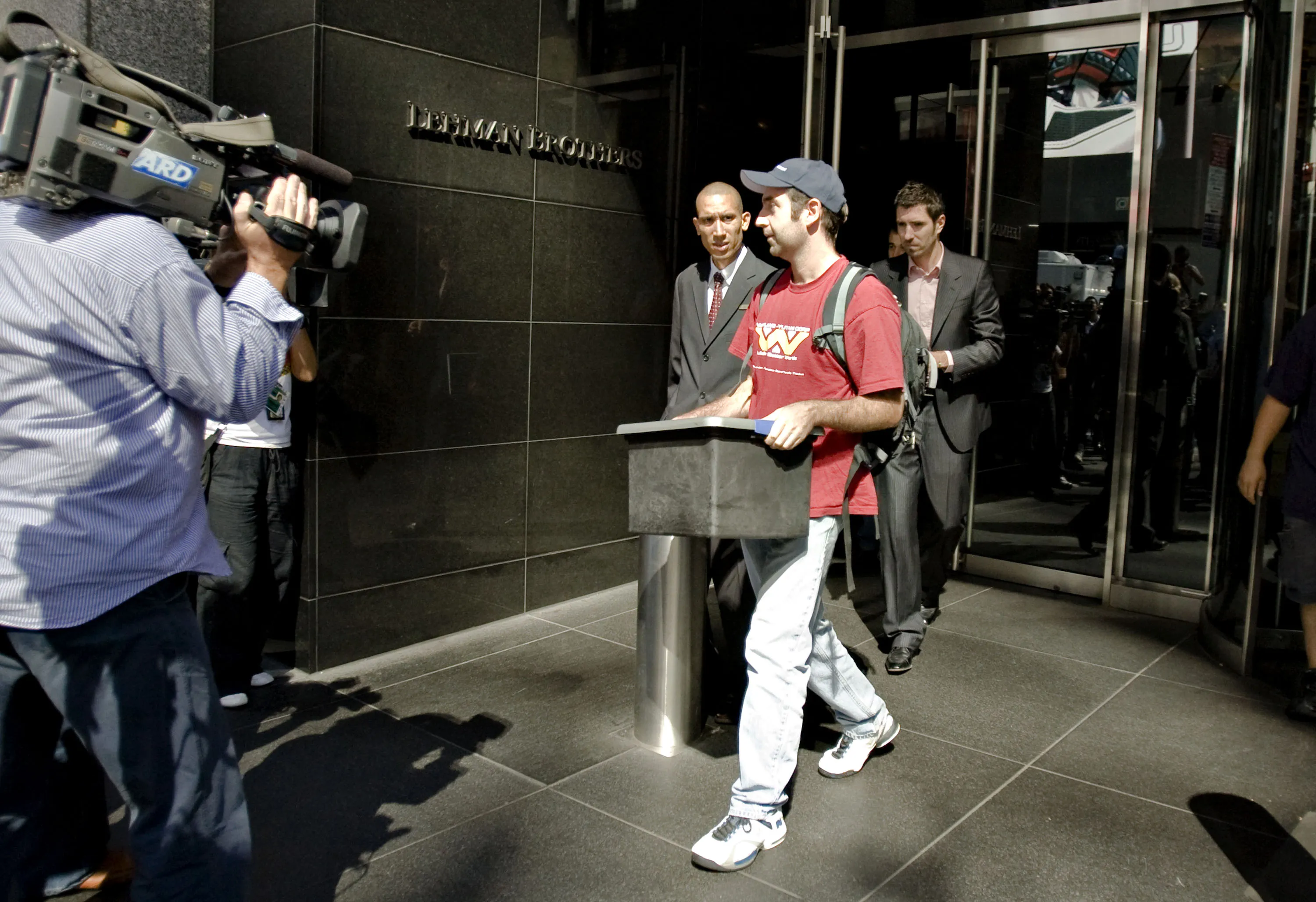 A man exits the Lehman Brothers building in New York&nbsp;on&nbsp;Sept. 15, 2008.