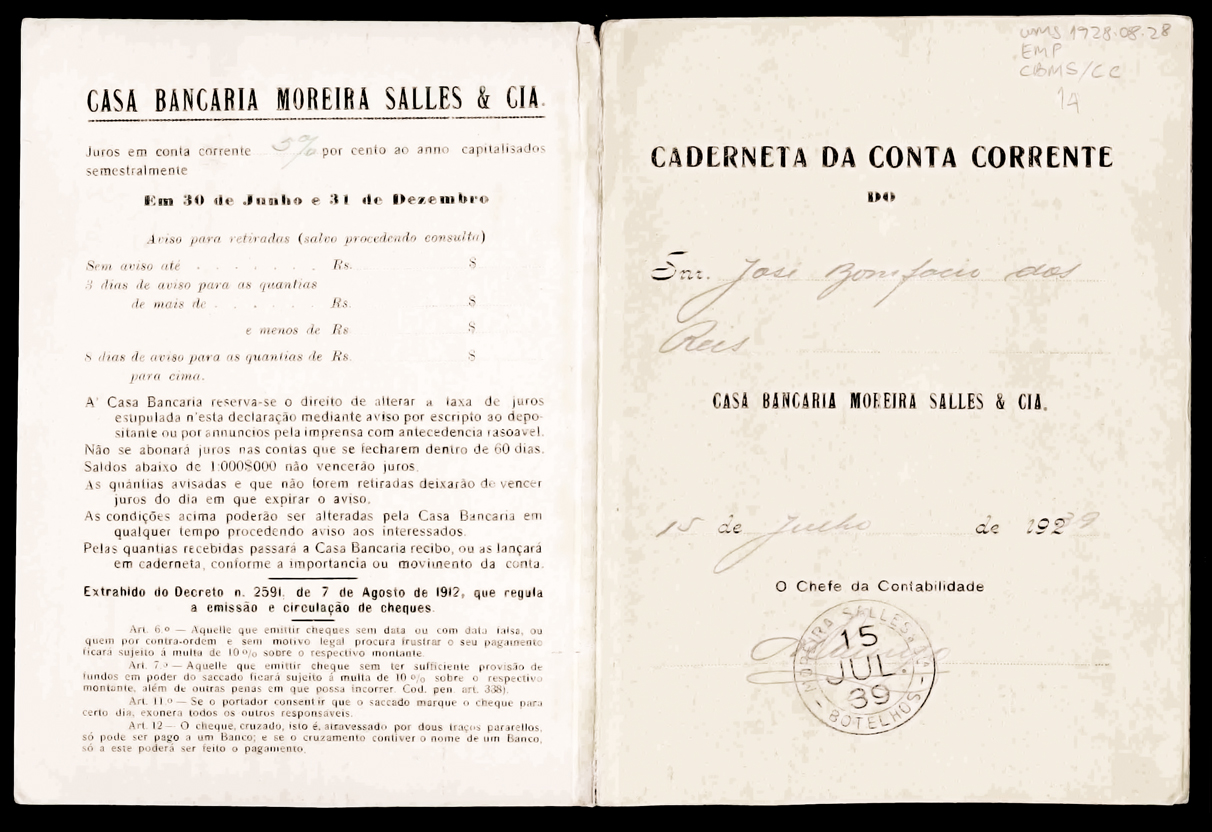 Moreira Salles Bank customer’s passbook, circa 1939
