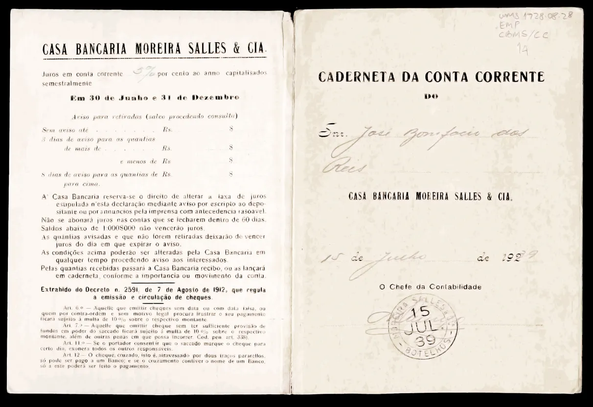 Moreira Salles Bank customer’s passbook, circa 1939