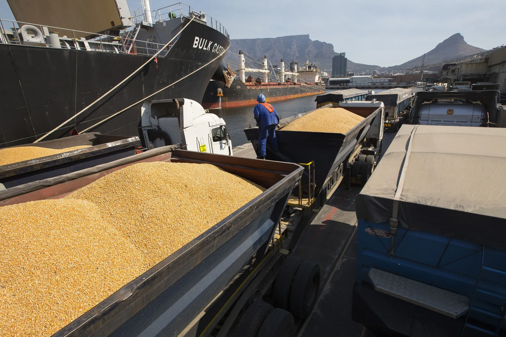 A dock worker checks trucks of corn before leaving the dockside at the city port in Cape Town.