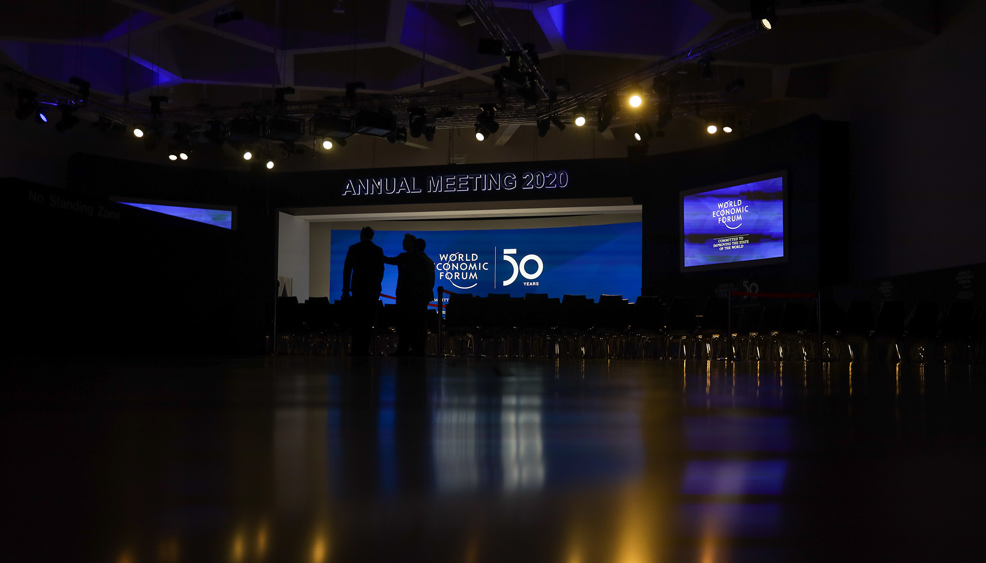 Workers prepare the Congress Hall on day two of the World Economic Forum in Davos, Switzerland, on Jan. 22.