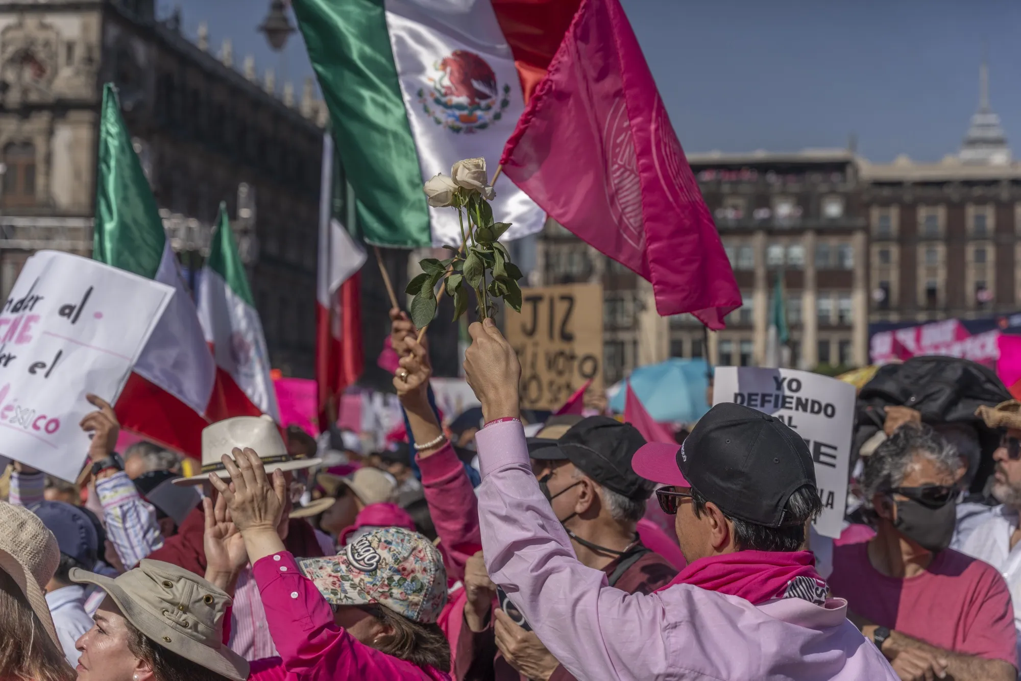 A demonstrator holds a flowers during a protest against proposed electoral changes at Zocalo Square in Mexico City, Mexico, on&nbsp;Feb. 26.