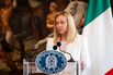 Italian Prime Minister Giorgia Meloni addresses a press