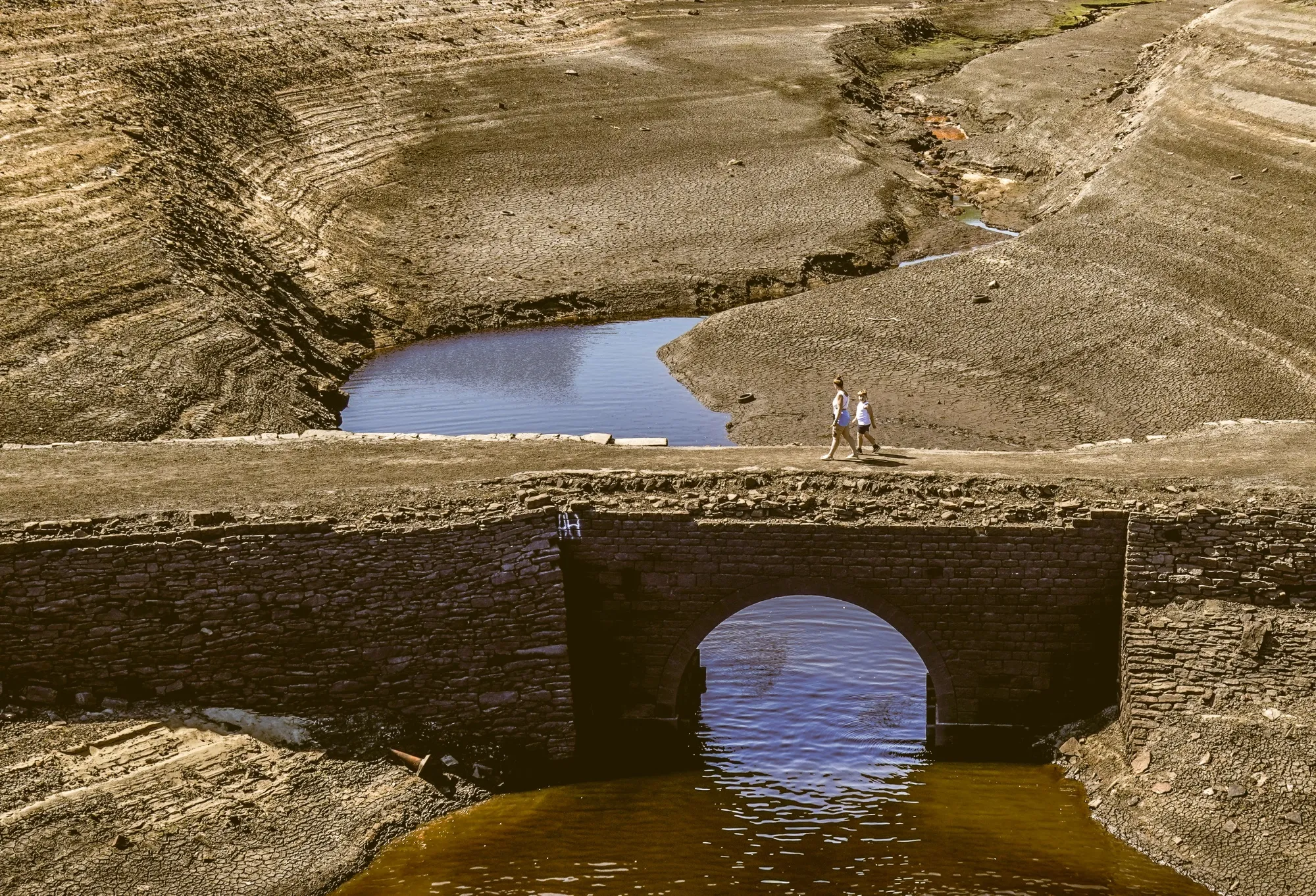 Baitings Reservoir in Ripponden, West Yorkshire, where water levels are significantly low, on Aug. 12.&nbsp;