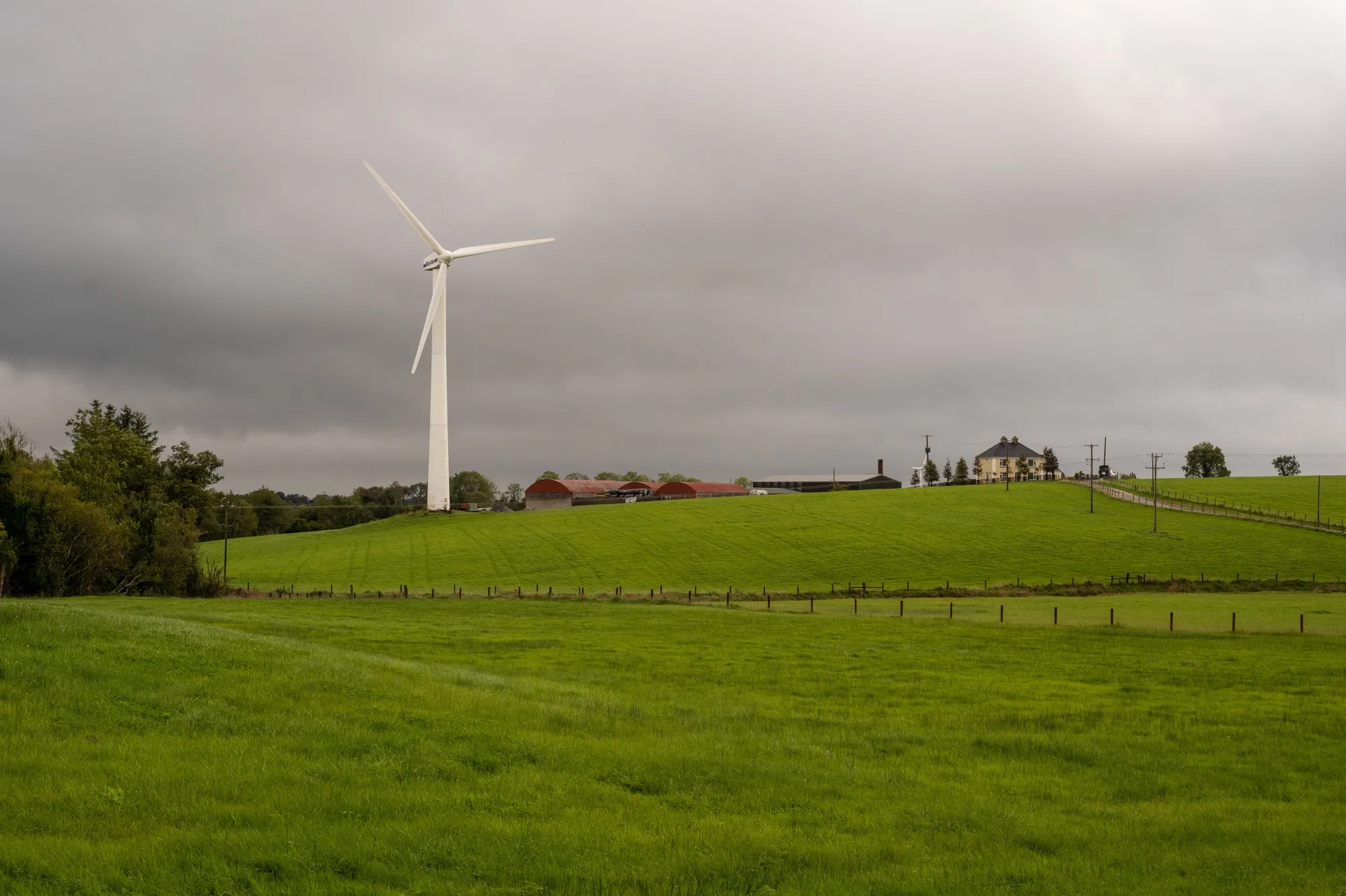 A wind turbine on a hill top of a farm near Ballyconnell, County Cavan, Ireland.