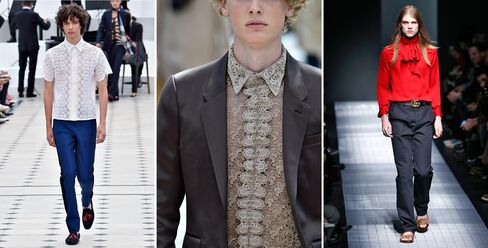 Lace and ruffles were huge themes at menswear shows such as Burberry Prorsum spring/summer 2016 (left and far left) and Gucci fall 2015.