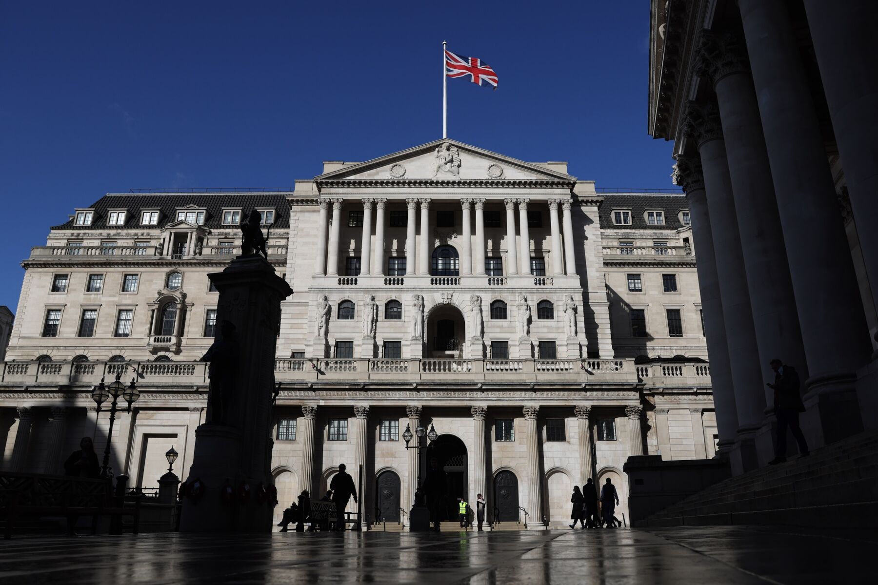 A British Union flag above the Bank of England in the City of London, U.K.