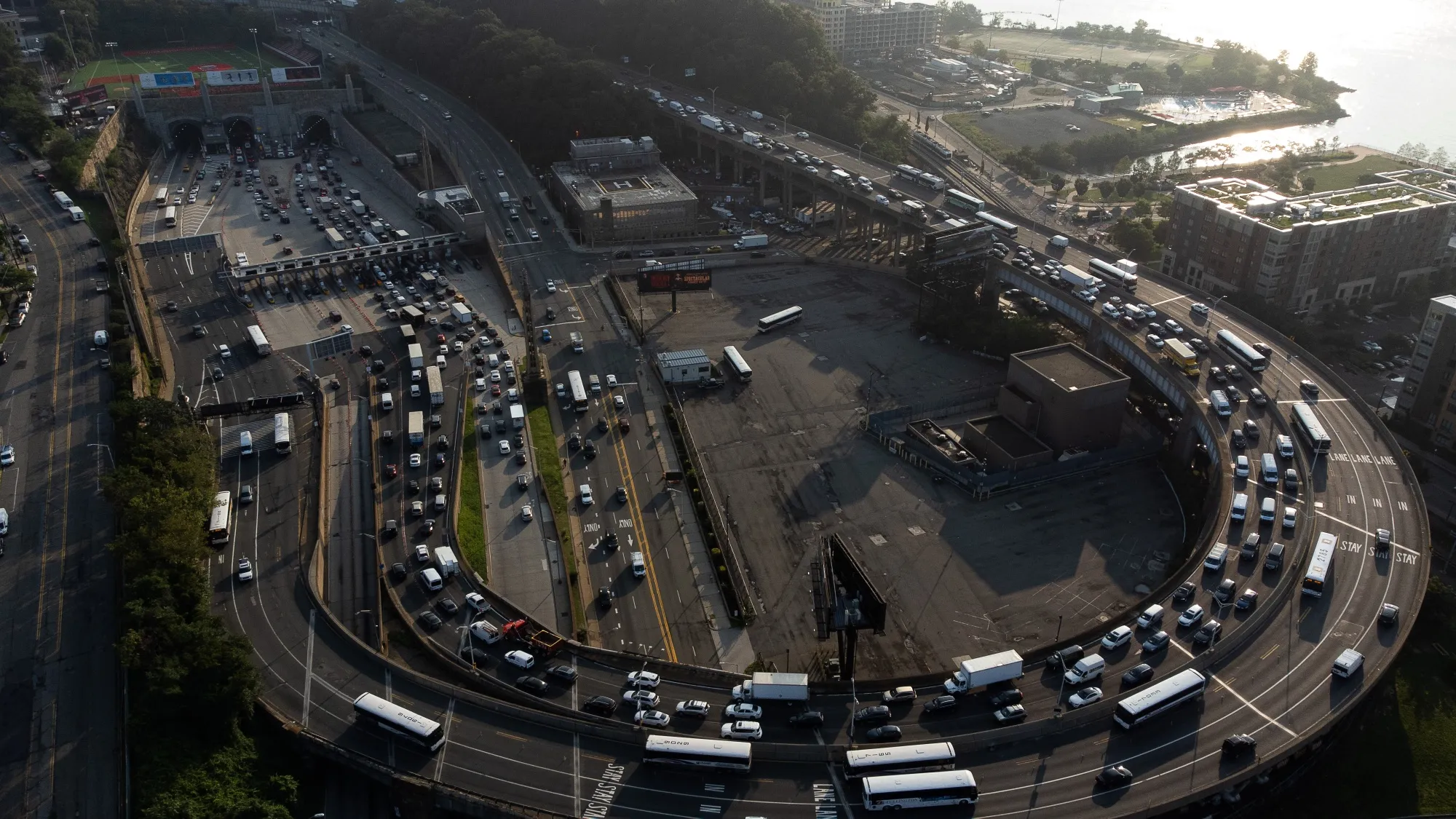 Vehicles approach the Lincoln Tunnel in Weehawken, New Jersey.