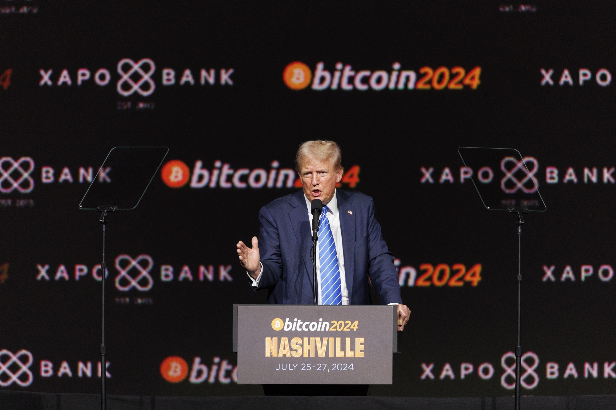 Donald Trump speaks at the Bitcoin 2024 conference in Nashville on&nbsp;July 27.