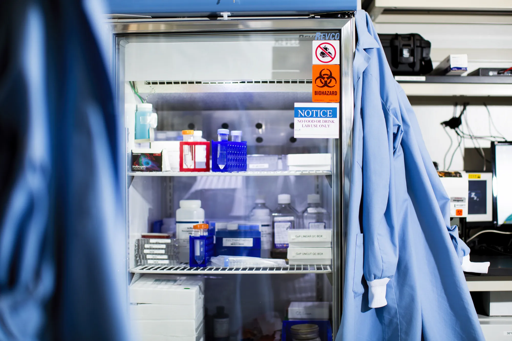 Chemicals sit inside a refrigerator at the Moderna Therapeutics Inc. lab in Cambridge, Mass.