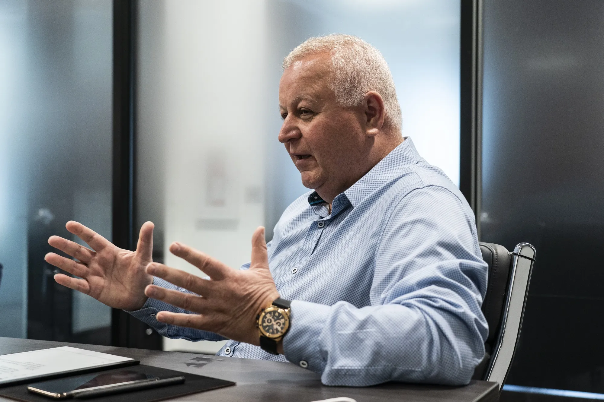 Kam Ghaffarian&nbsp;speaks during a January 2022&nbsp;interview at Axiom Space’s&nbsp;headquarters in Houston.