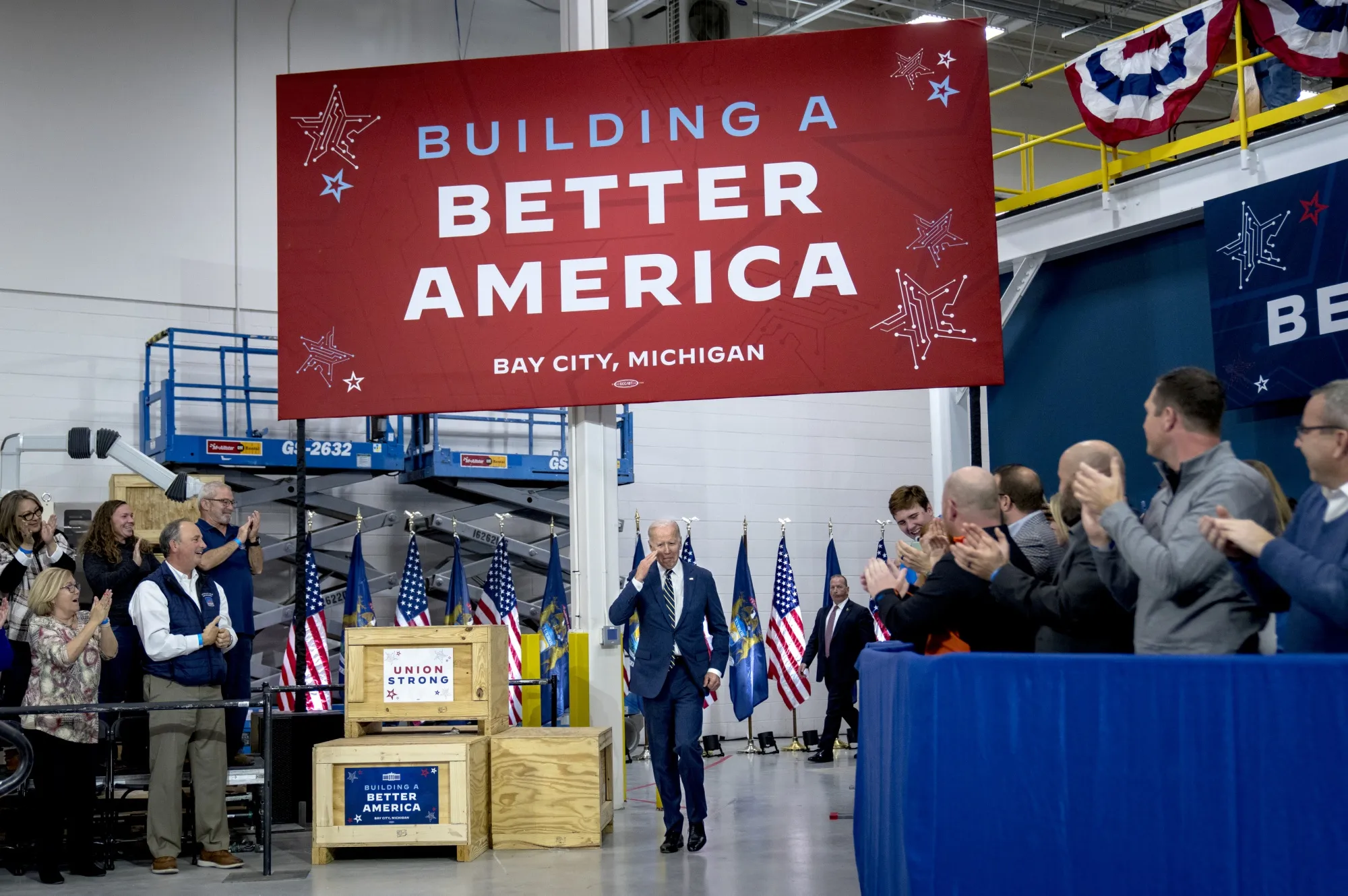 US President Joe Biden arrives to speak at the SK Silton CSS facility in Bay City, Michigan.