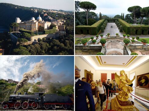 Clockwise from top left: views of Castel Gandolfo, the weekend palace of popes since the 17th century. Last summer, the pope threw open the gates of its gardens for the first time. This year, he expanded public access to include galleries inside the palace; visitors can arrive in style by steam train direct from the Holy See.