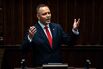 Karol Nawrocki speaks in parliament in Warsaw, on Aug. 6.