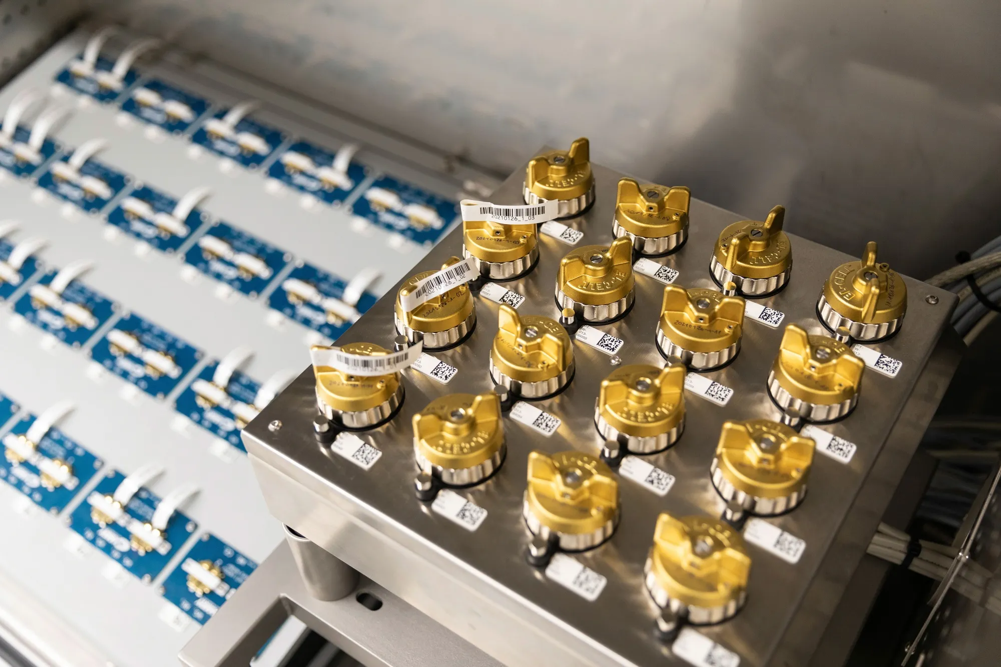 A test chamber with button and PAT cells inside Volkswagen's new battery laboratory in Salzgitter, Germany.