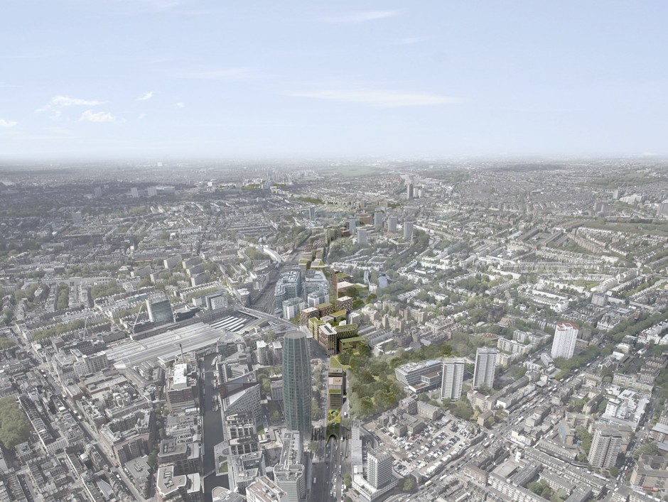 A TfL rendering showing a West London road covered over with new trees and construction.