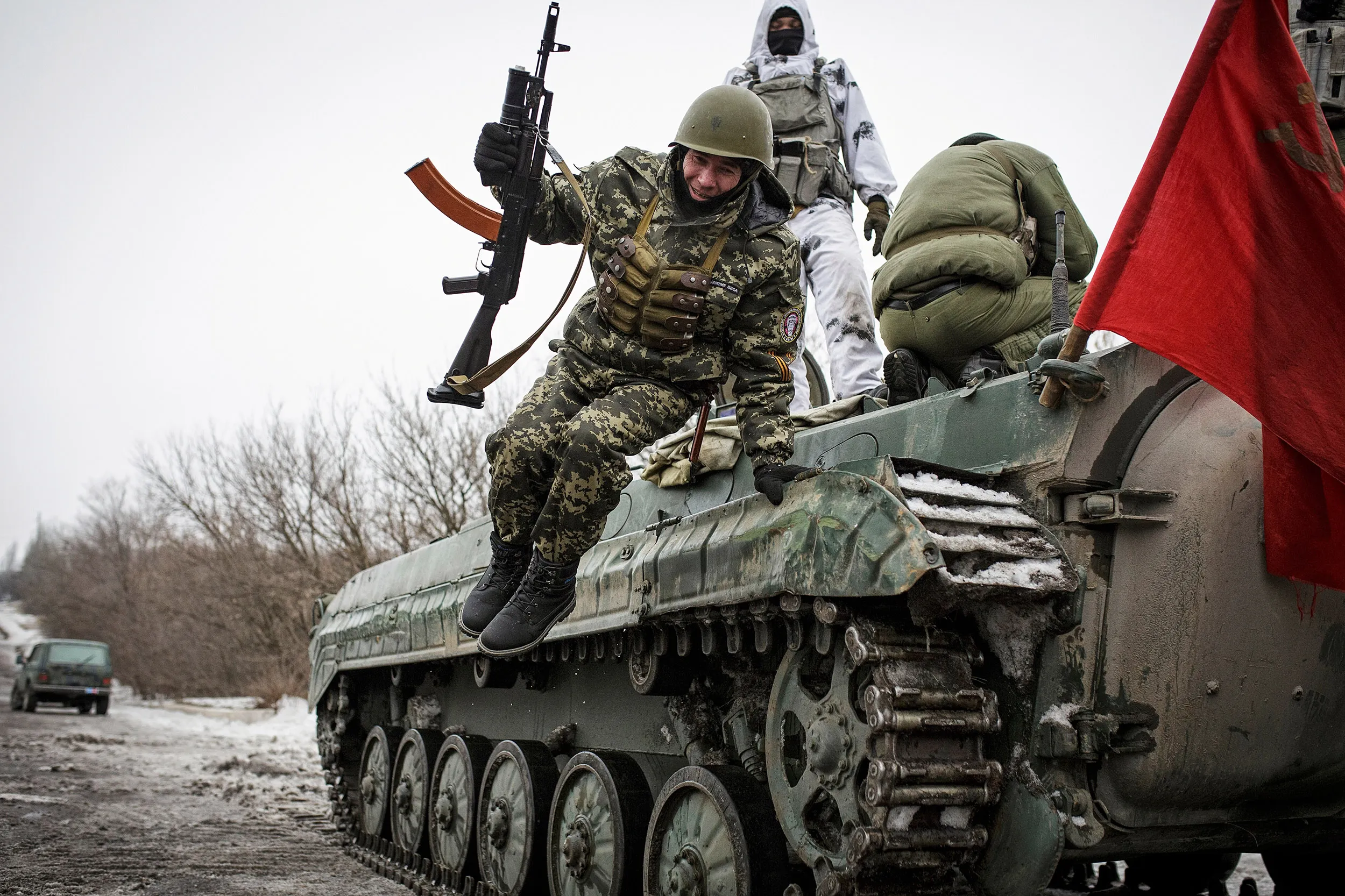 Pro-Russian separatist rebels on Jan. 27, 2015 in Enakievo village near Donetsk, Eastern Ukraine.
