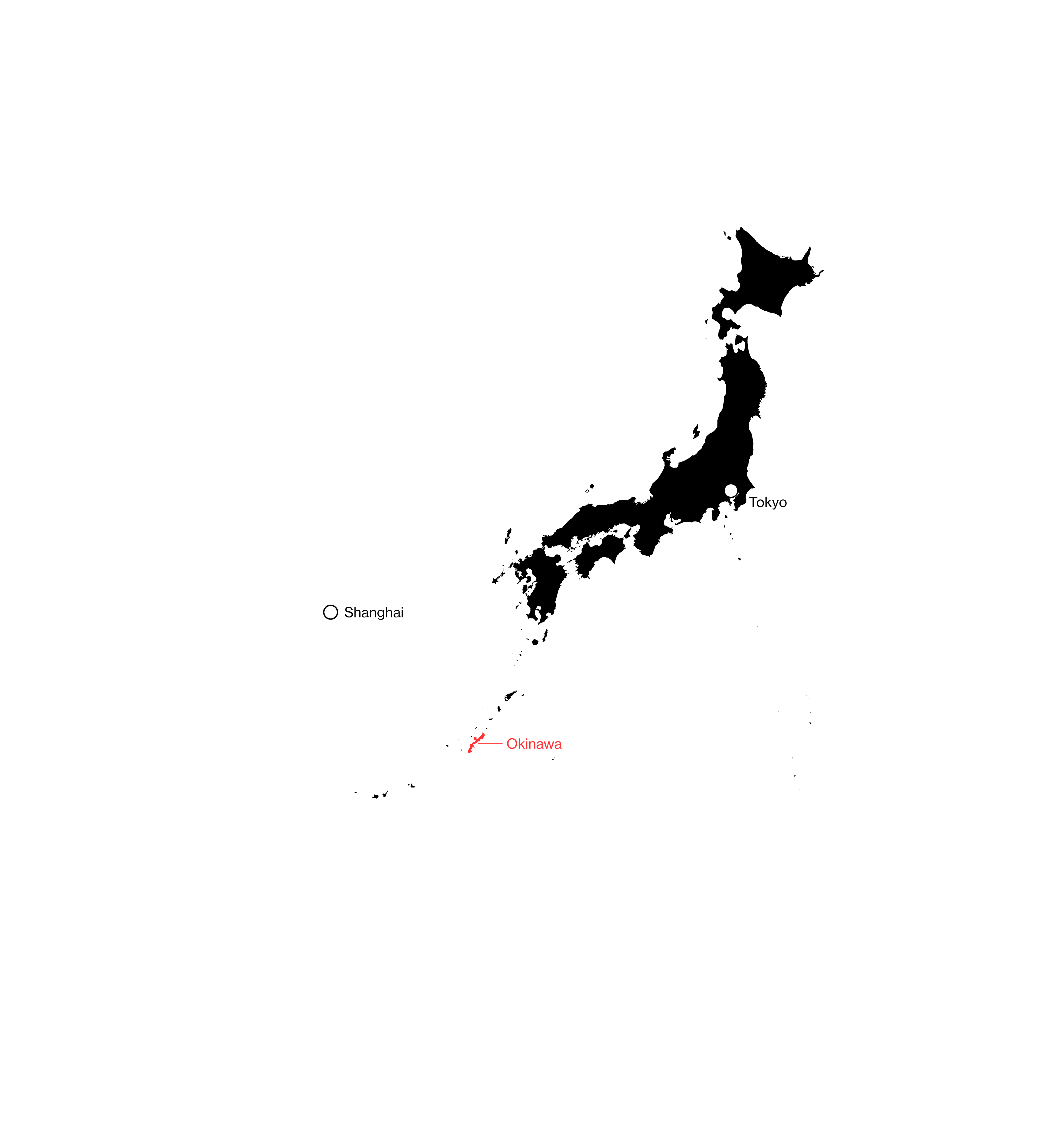 Map showing the Japanese island of Okinawa, in proximity to Shanghai, China.