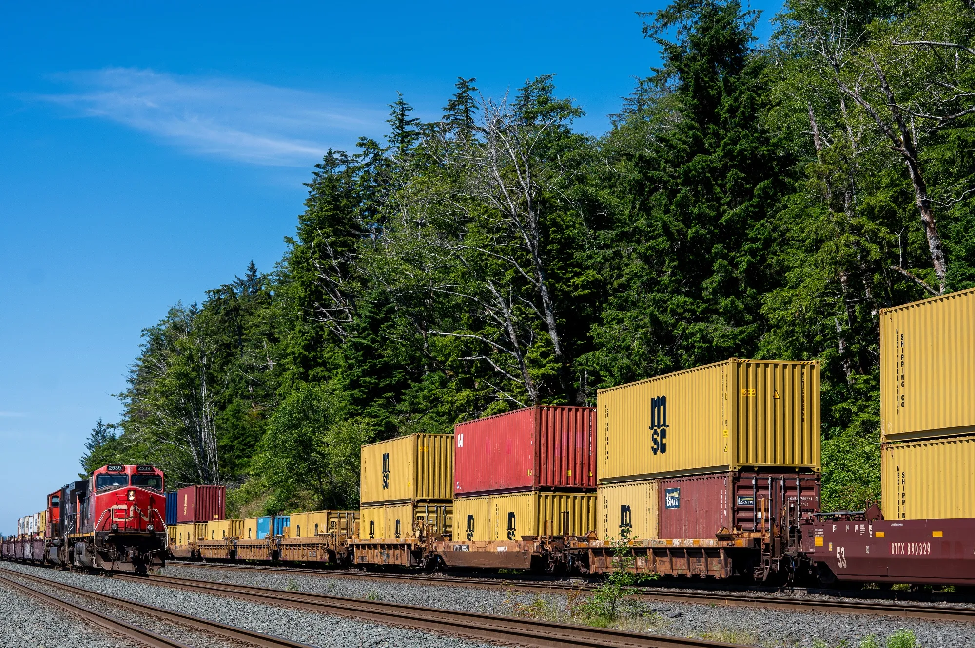 A Canadian National Railway Co. locomotive and rail cars at the Port of Prince Rupert, British Columbia.