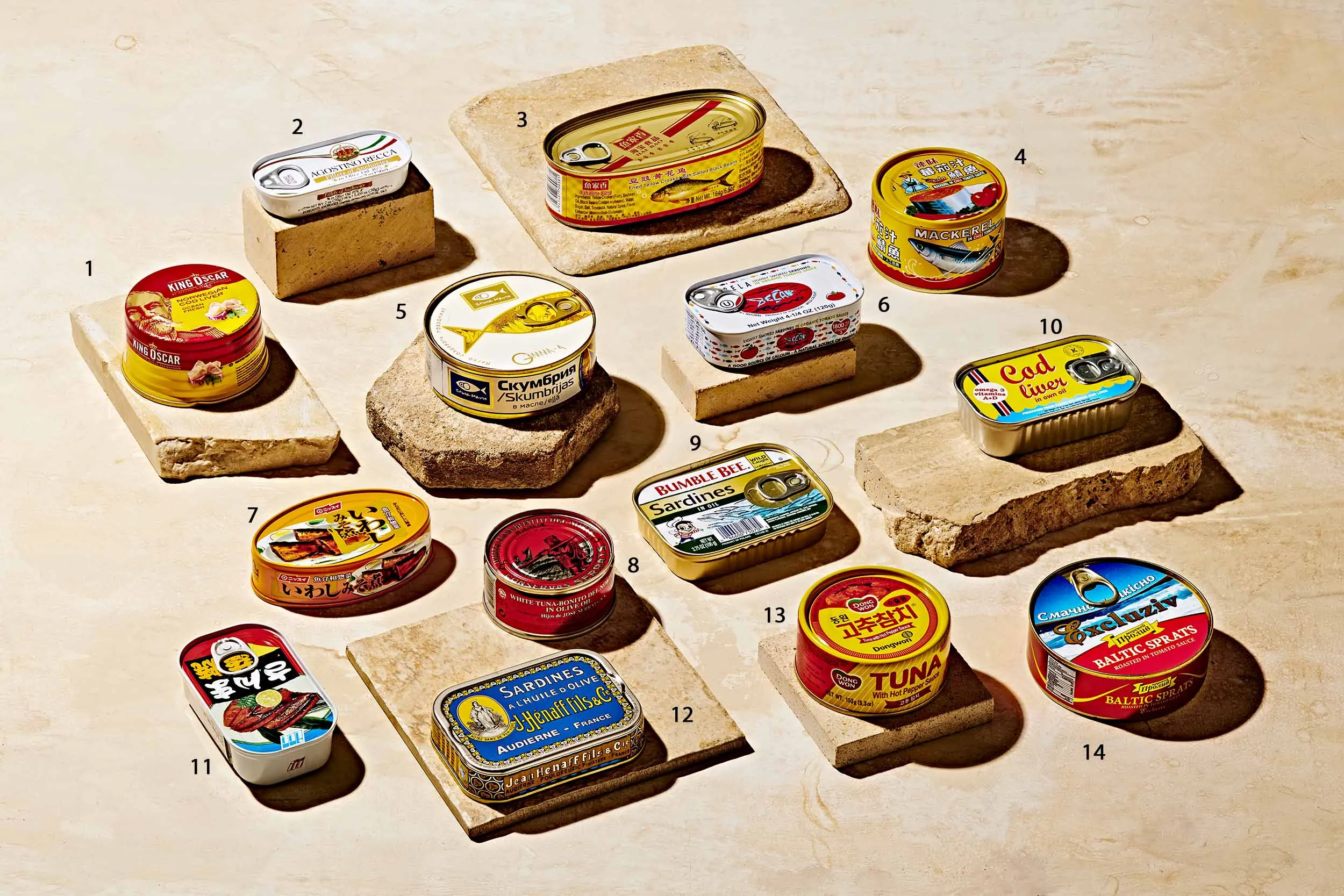 Fish in a can from around the world.&nbsp;1. Norway: King Oscar cod liver 2. Italy:&nbsp;Agostino Recca anchovy fillets 3. China:&nbsp;Yu Jia Xiang yellow croaker fish in black bean sauce 4. Taiwan:&nbsp;Tong Yeng mackerel in chile-tomato sauce 5. Latvia:&nbsp;Stella Maris mackerel in oil 6. Portugal:&nbsp;Bela lightly smoked sardines in tomato sauce 7. Thailand:&nbsp;Nissui Iwashi sardines in soybean paste 8. Spain:&nbsp;Jose Serrats white albacore tuna in olive oil 9. Poland:&nbsp;Bumble Bee sardines 10. Iceland:&nbsp;Threeline Imports kosher cod liver 11. Japan:&nbsp;ICC baked and seasoned saury 12. France:&nbsp;J Hénaff Fils sardines 13. Korea:&nbsp;Dongwon hot pepper tuna 14. Ukraine:&nbsp;Maxfood Plus Baltic sprats in tomato sauce.