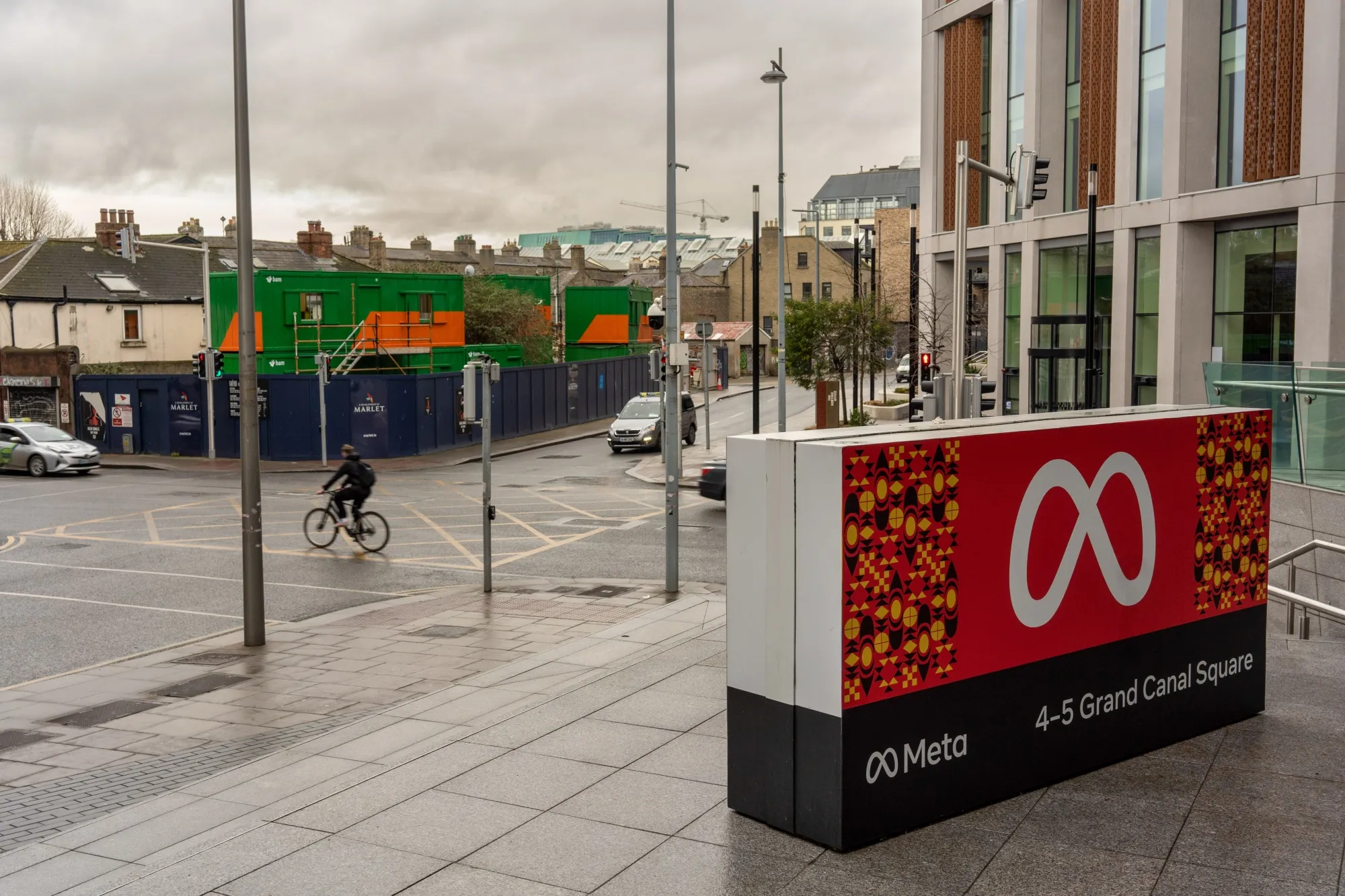 A sign outside the main entrance of the Meta Platforms Inc. office building in Dublin, Ireland.