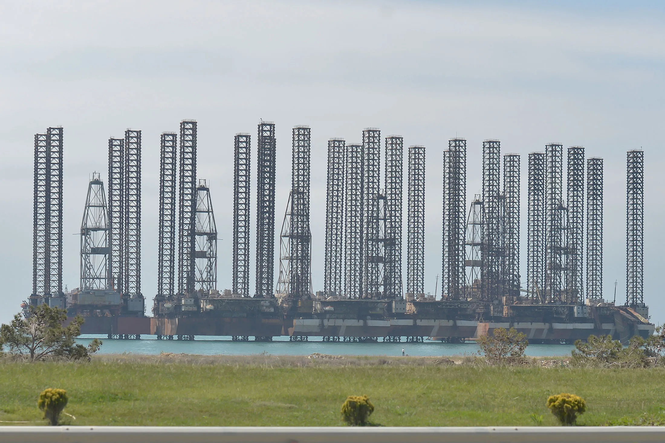 Gas platforms off the coast of Baku in the Caspian Sea, Azerbaijan.