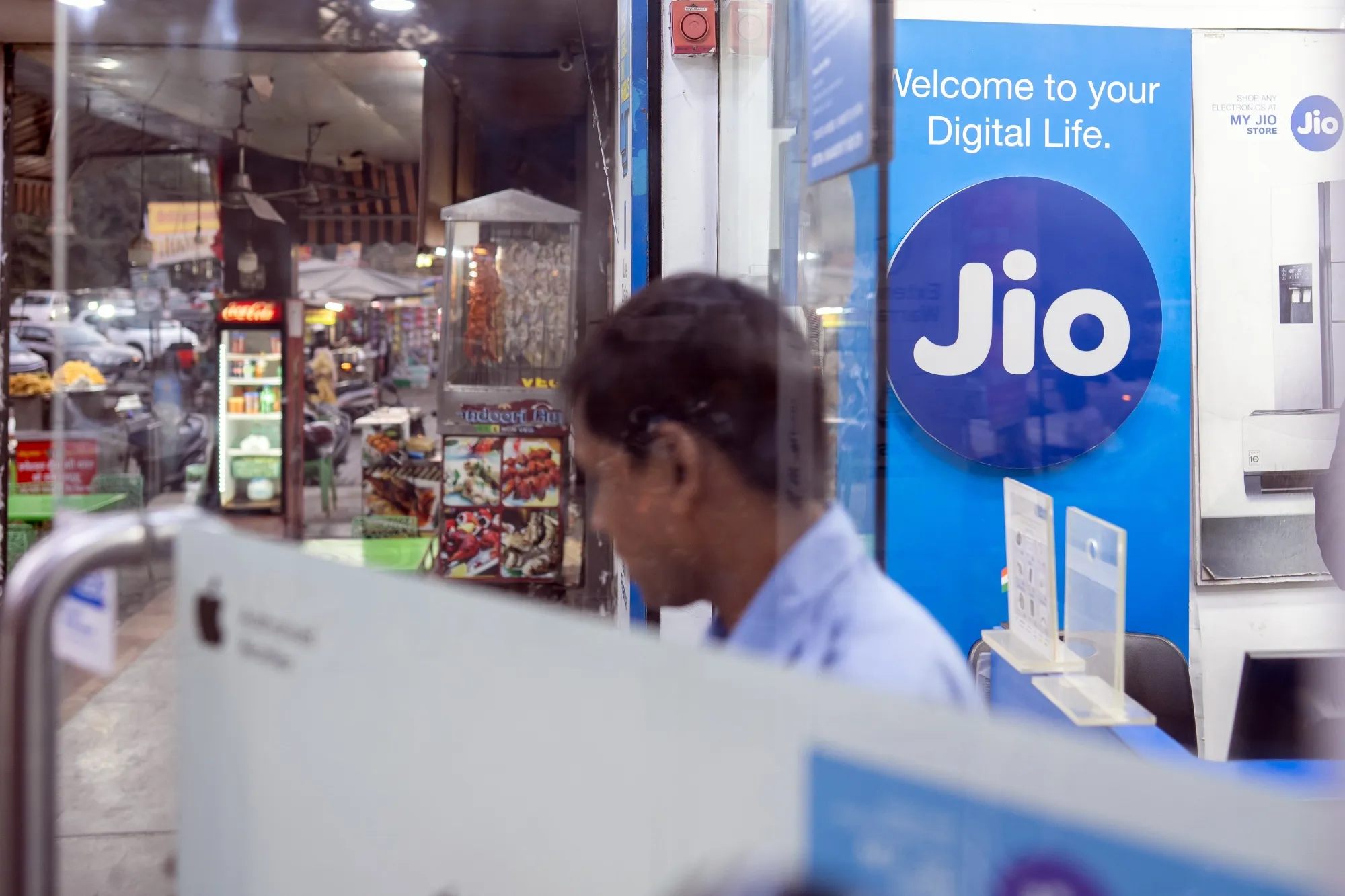 Signage at a Reliance Jio Infocomm Ltd. store, a subsidiary of Jio Platform Ltd., in New Delhi.