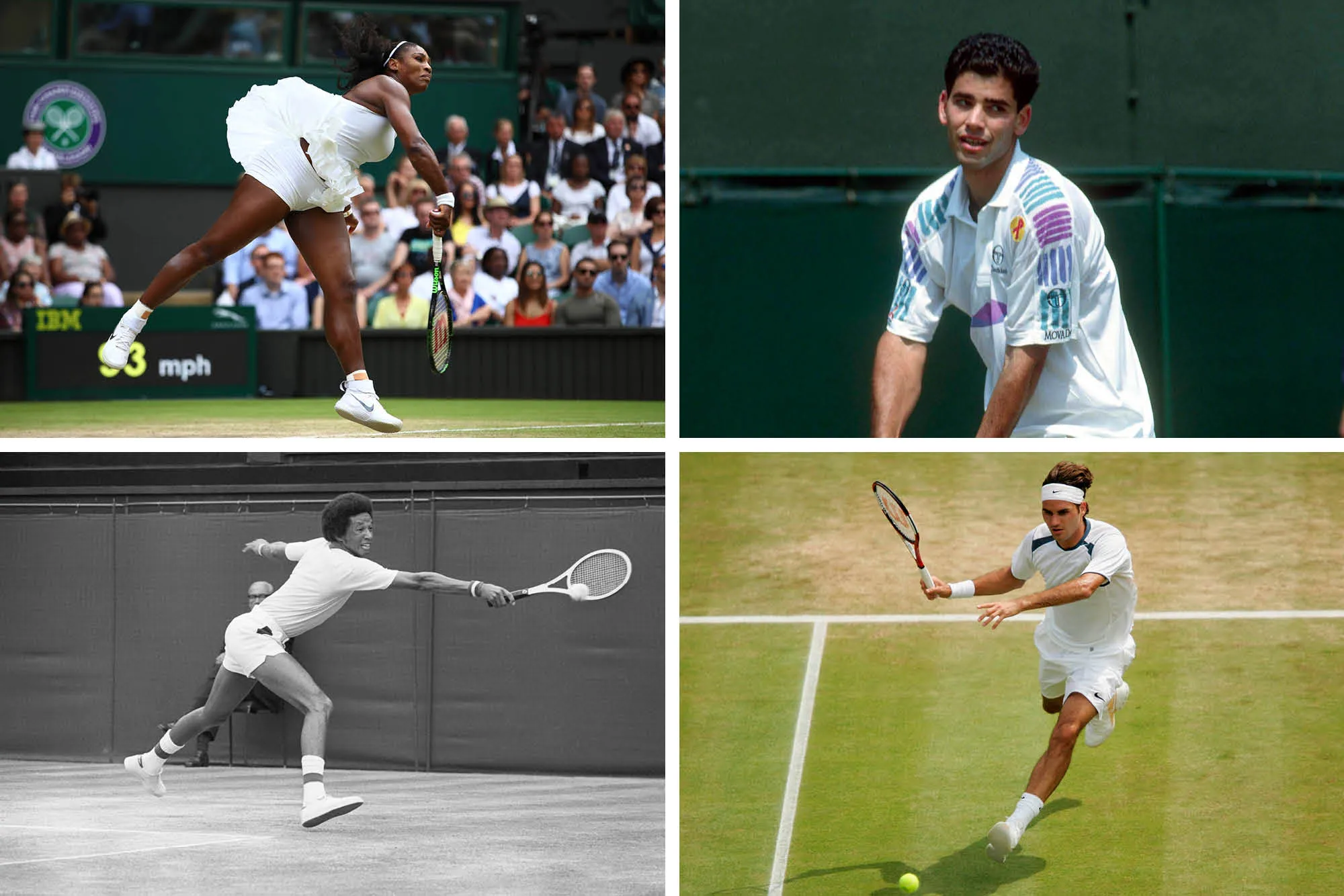 Wimbledon winners (clockwise from top left): Serena Williams, 2016; Pete Sampras, 1993; Roger Federer, 2005; Arthur Ashe, 1975.
