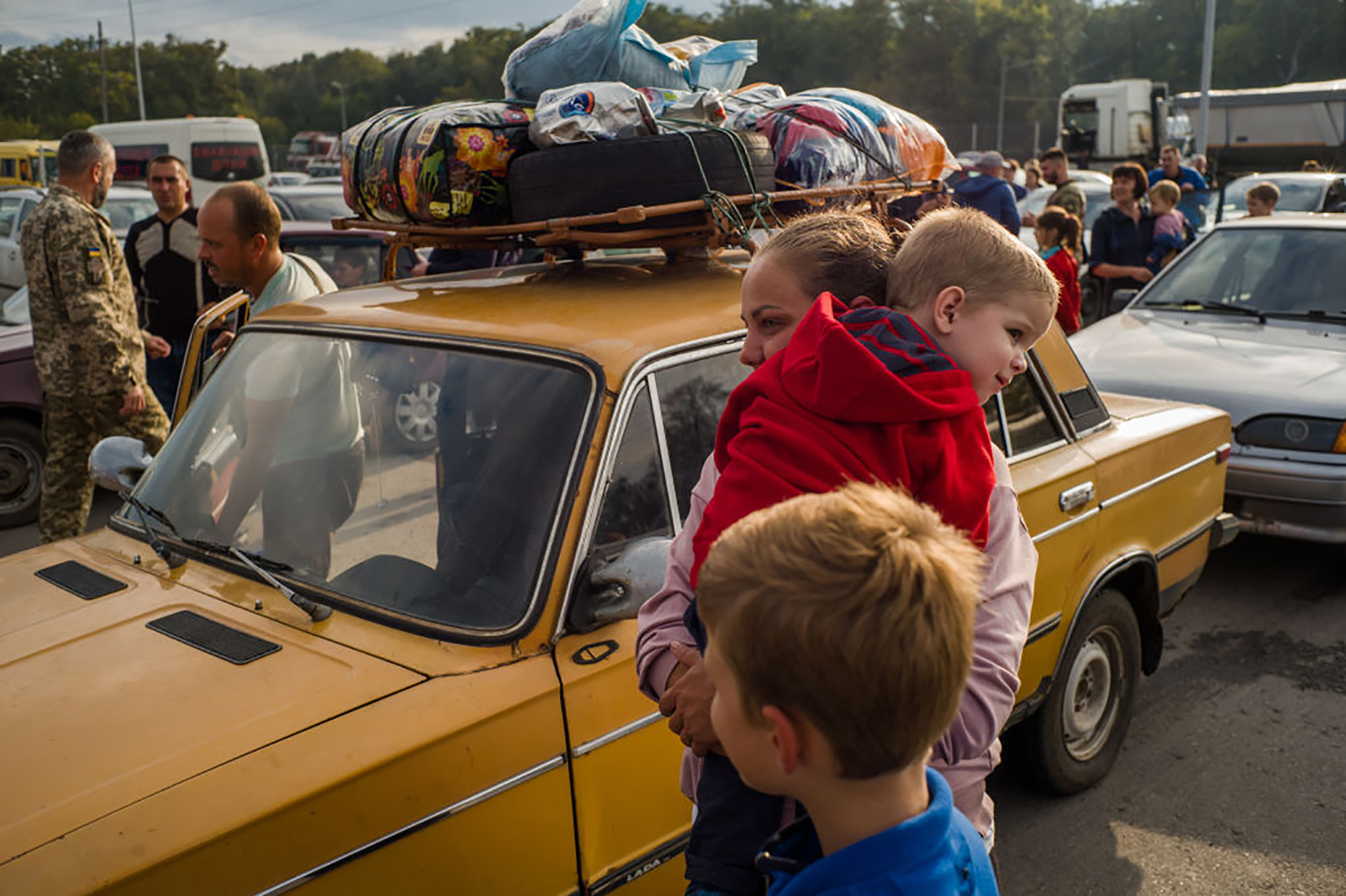 Families on the road after leaving their homes in the occupied territory of Zaporizhzhia, Ukraine.&nbsp;