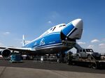 The nose cone of a Boeing Co. 747 cargo aircraft operated by CargoLogicAir Ltd. lifts during a demonstration showing the loading of a Jeep, during preparations ahead of the Farnborough International Airshow (FIA) 2018 in Farnborough, U.K., on Sunday, July 15, 2018.