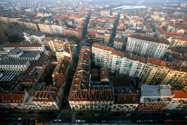 Buildings and streets are seen in this aerial view from the top of the Mole Antonelliana in Turin, Italy