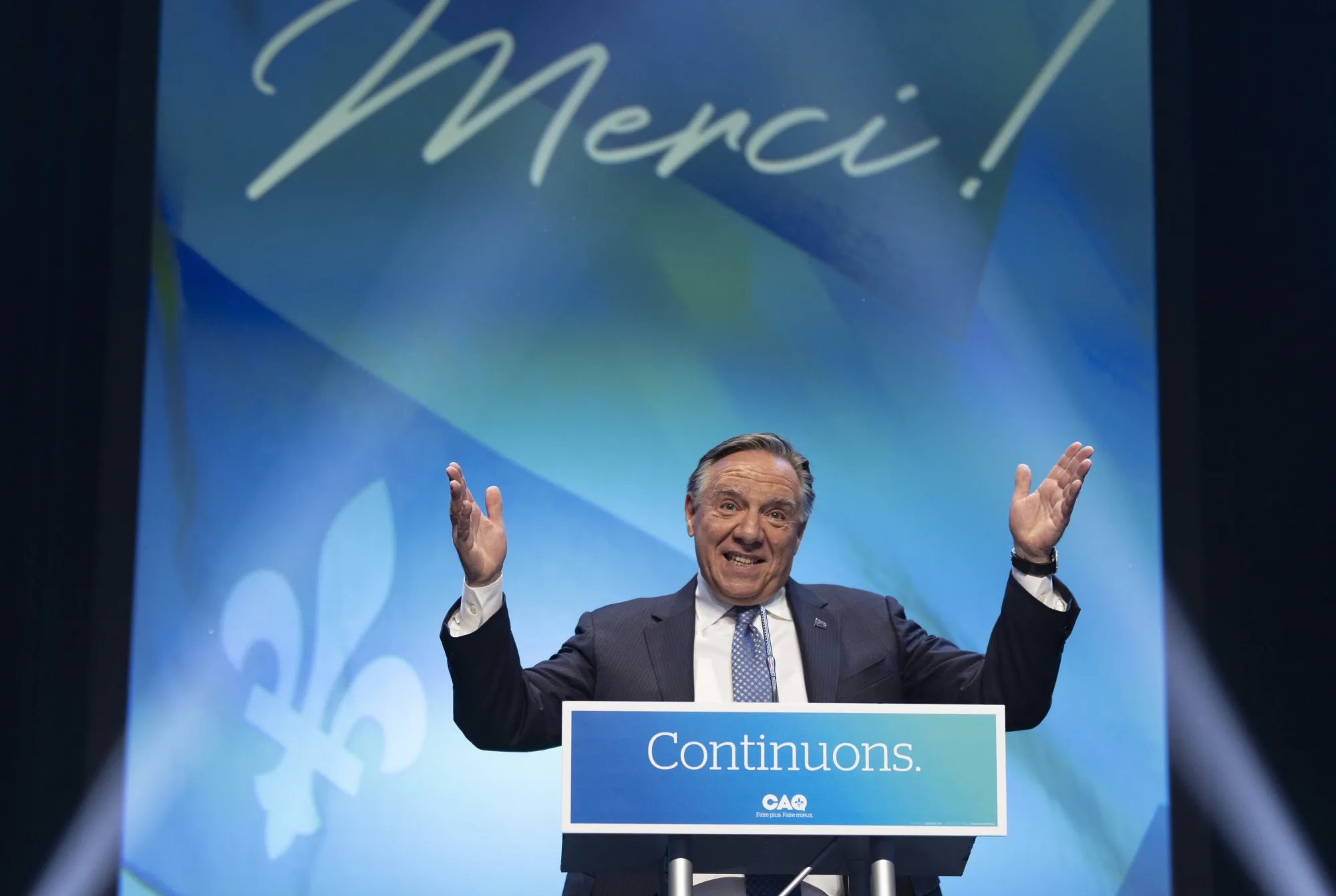 Francois Legault speaks after winning re-election in Quebec City on Monday night.