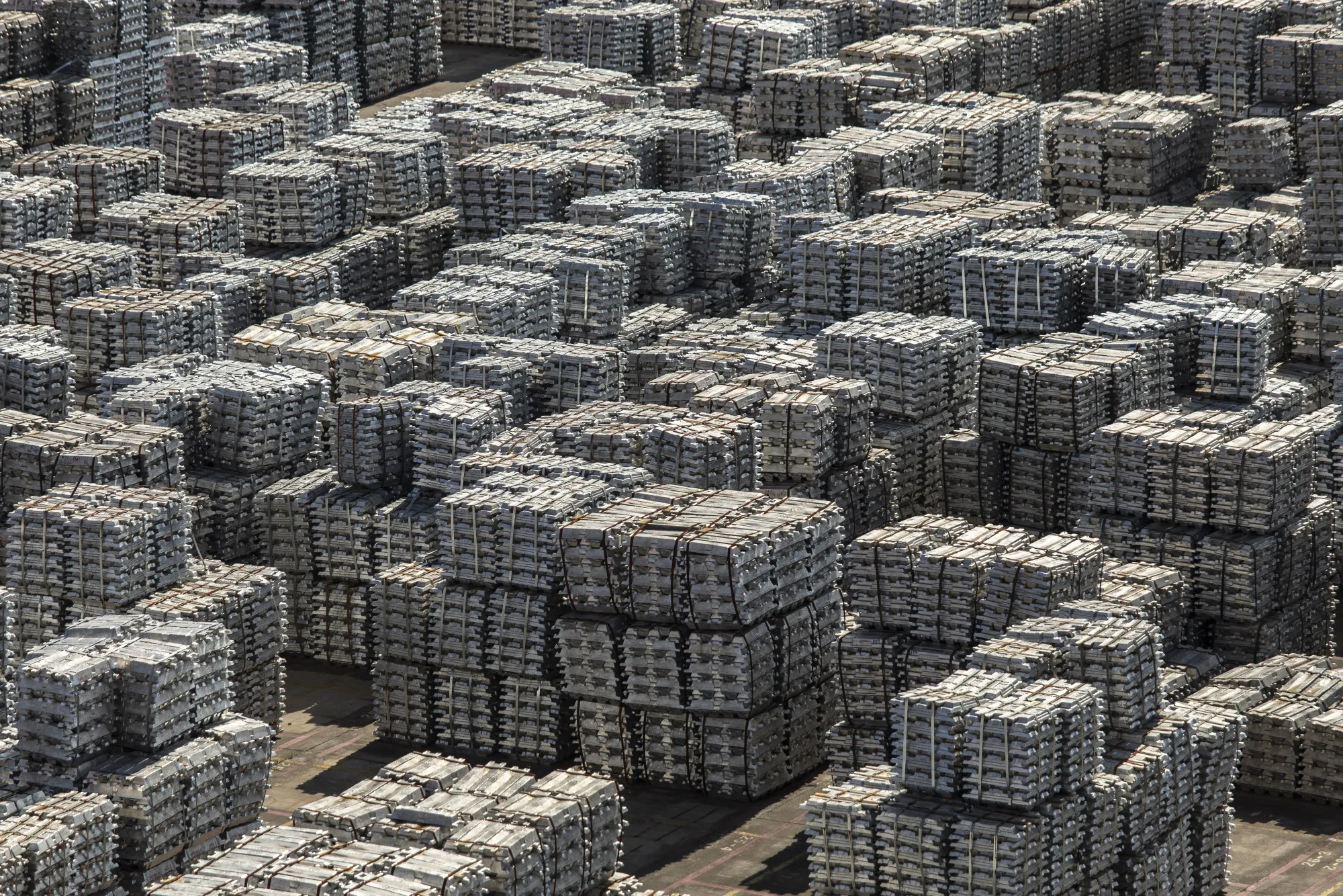 Piles of aluminum ingots at a stockyard in Wuxi, Jiangsu province, China.