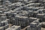 Piles of aluminum ingots at a stockyard in Wuxi, Jiangsu province, China.