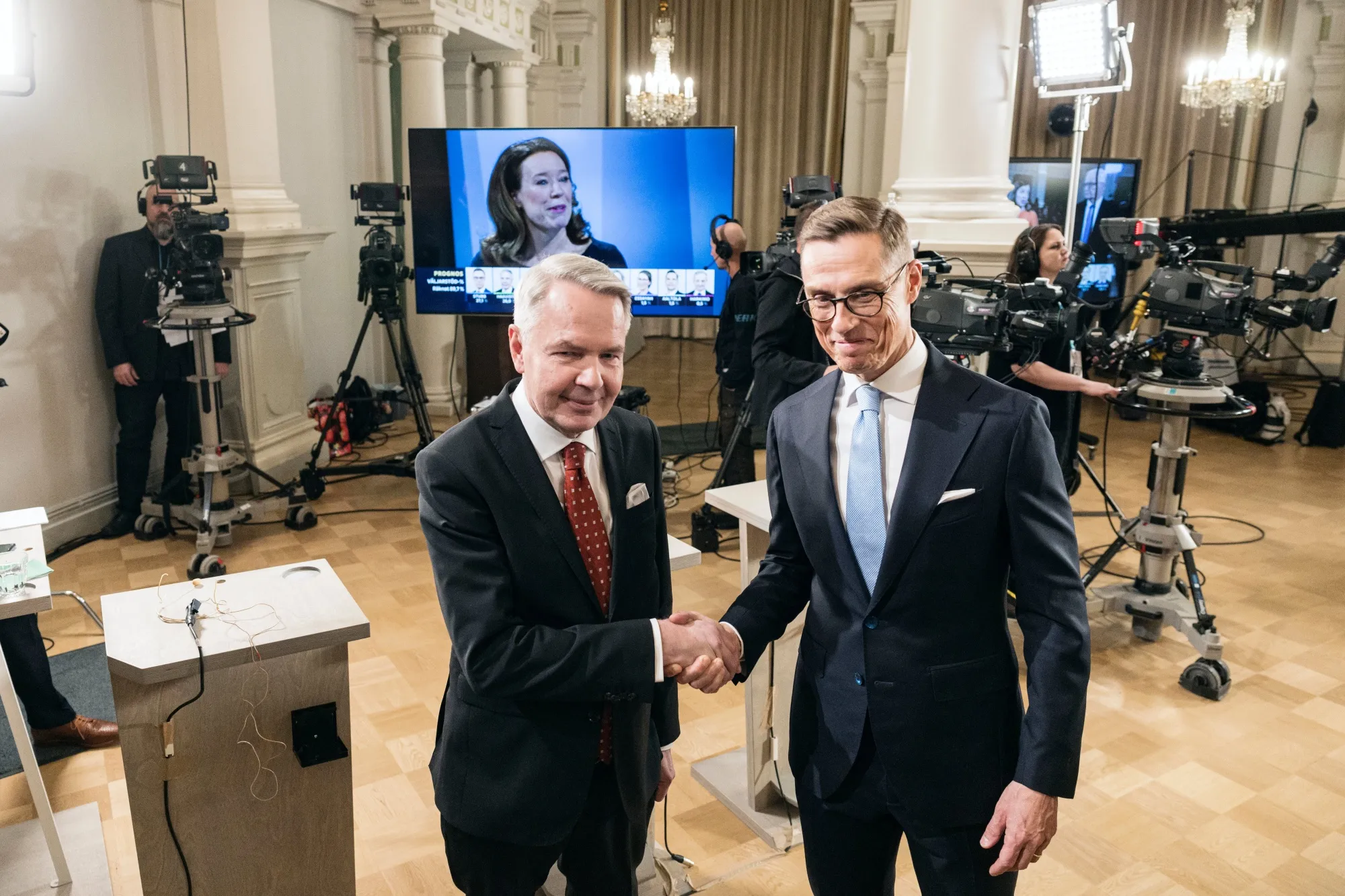 Presidential candidates Pekka Haavisto, left, and Alexander Stubb, in Helsinki, on Jan. 28.