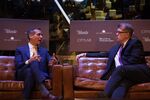 Los Angeles Mayor Eric Garcetti (left) talks to the Atlantic's Steve Clemons at CityLab Paris. 