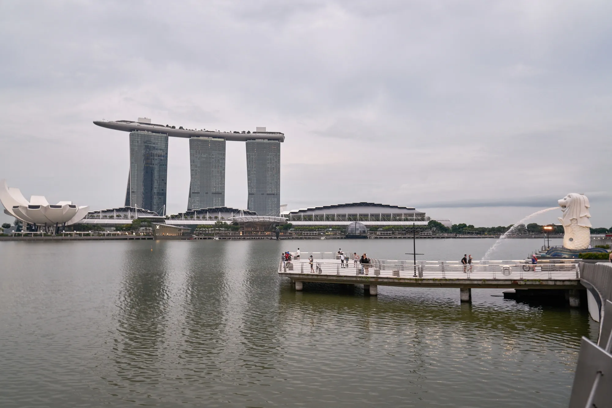The Marina Bay Sands beyond Merlion Park in the central business district of Singapore.