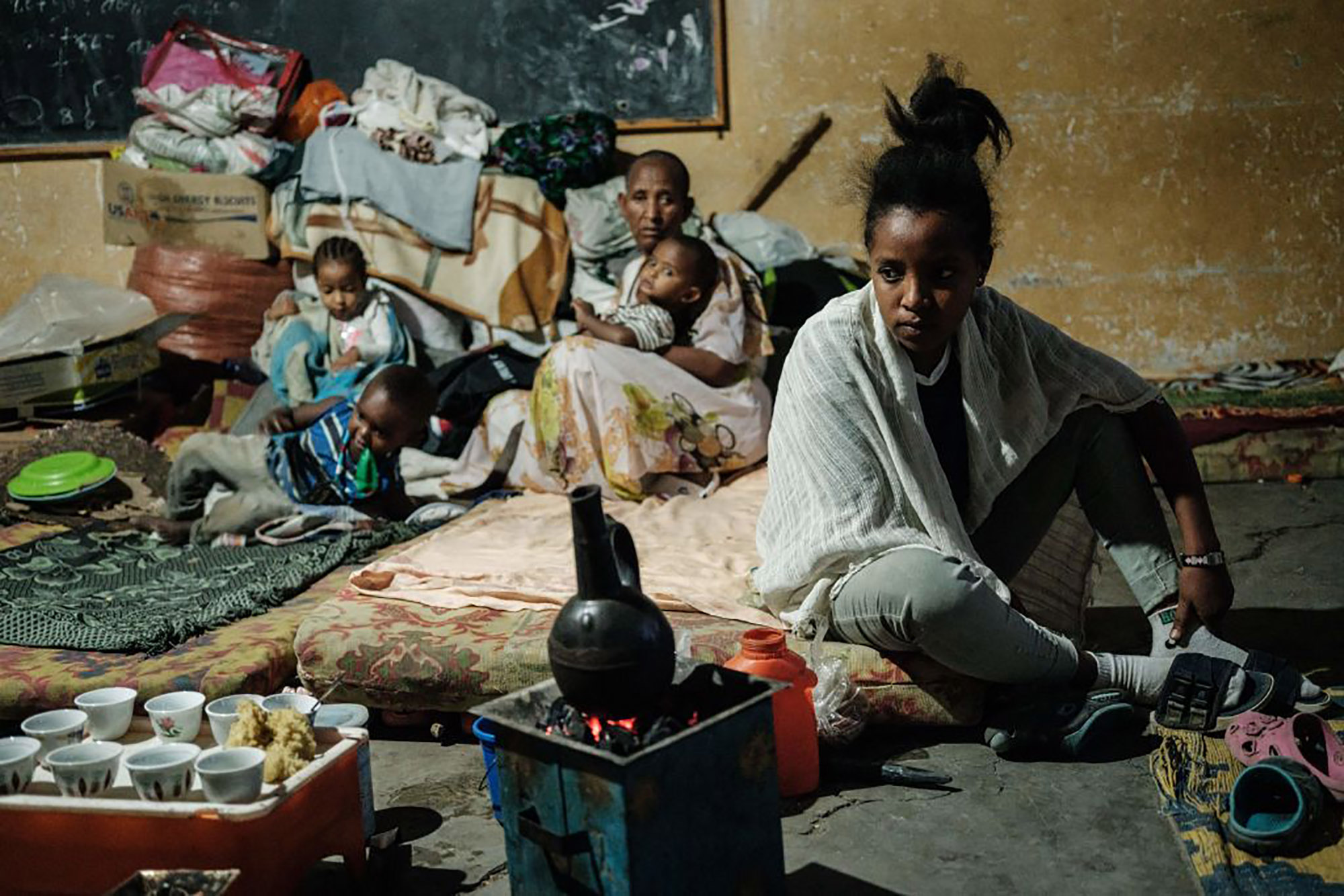 Families who fled from violence in the Tigray region shelter in a classroom in Mekele, on June 18.