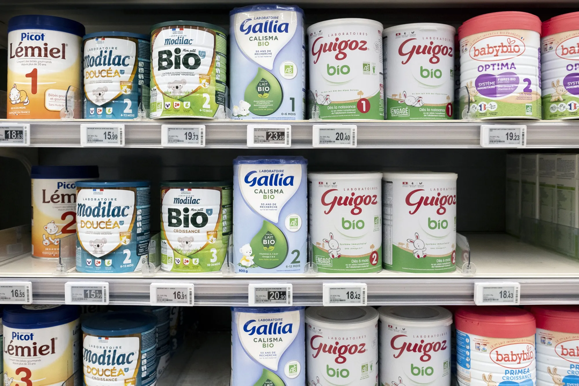 Containers of infant formula on Jan. 21 in Poitiers, France. Several&nbsp;brands are currently withdrawing certain boxes contaminated with bacteria from sale.