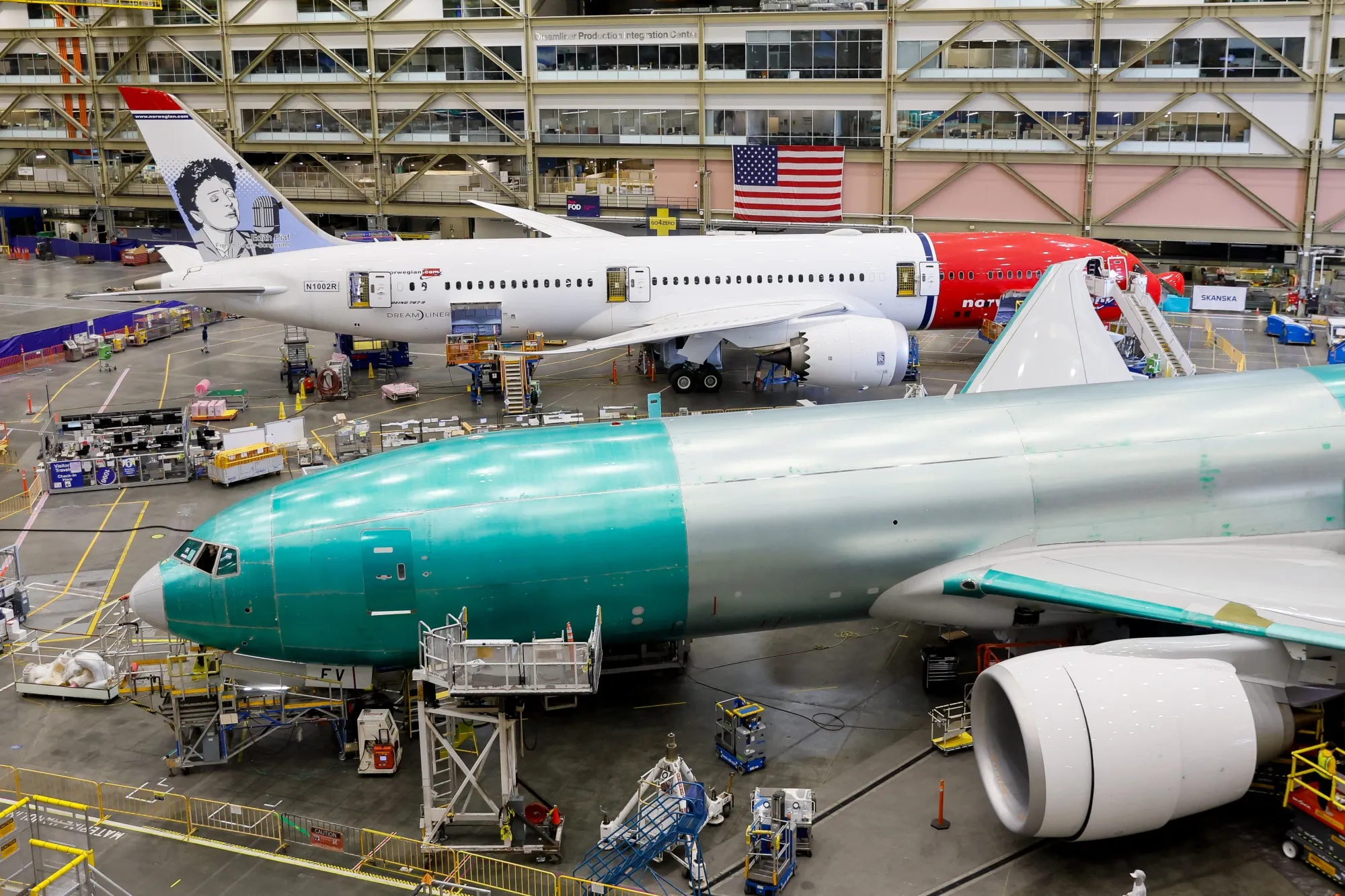 A Boeing 777 and a 787-9 Dreamliner under production at the Boeing Everett Production Facility in Everett, Washington.