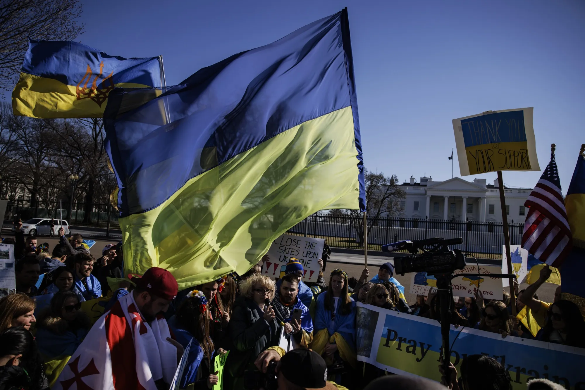 Demonstrators during a protest against the Russian invasion of Ukraine outside the White House in Washington, D.C., on&nbsp;Feb. 27.&nbsp;