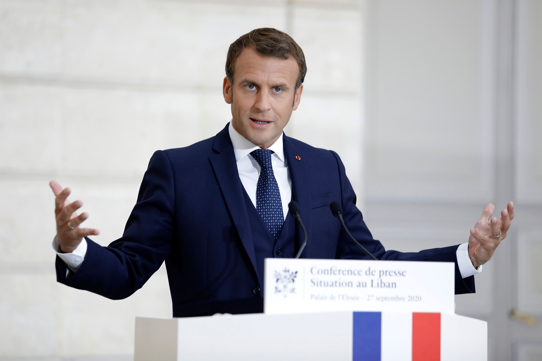 Emmanuel Macron speaks during a press conference in Paris, France, on Sept. 27.