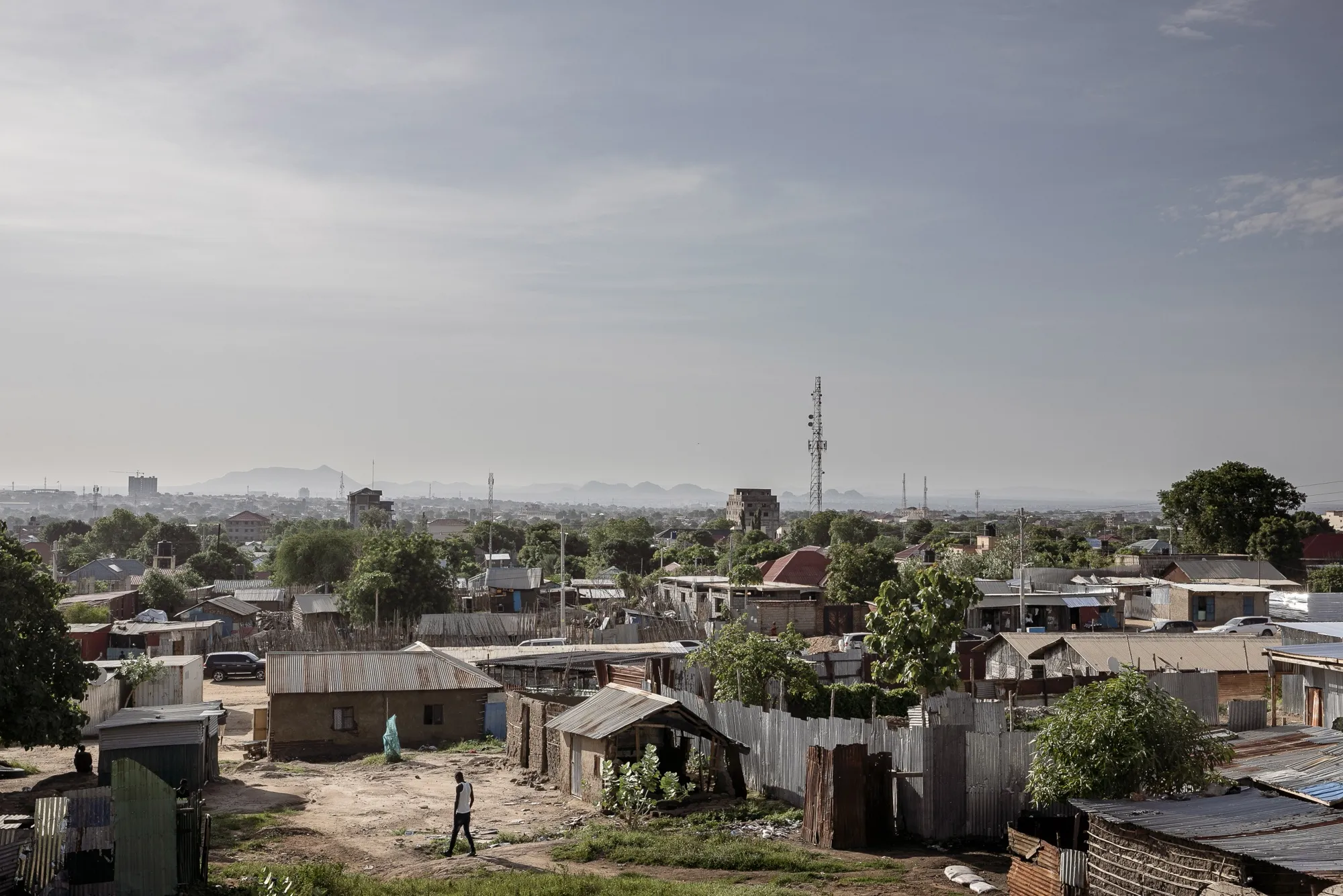 Mountains beyond the skyline and informal housing in Juba, South Sudan.