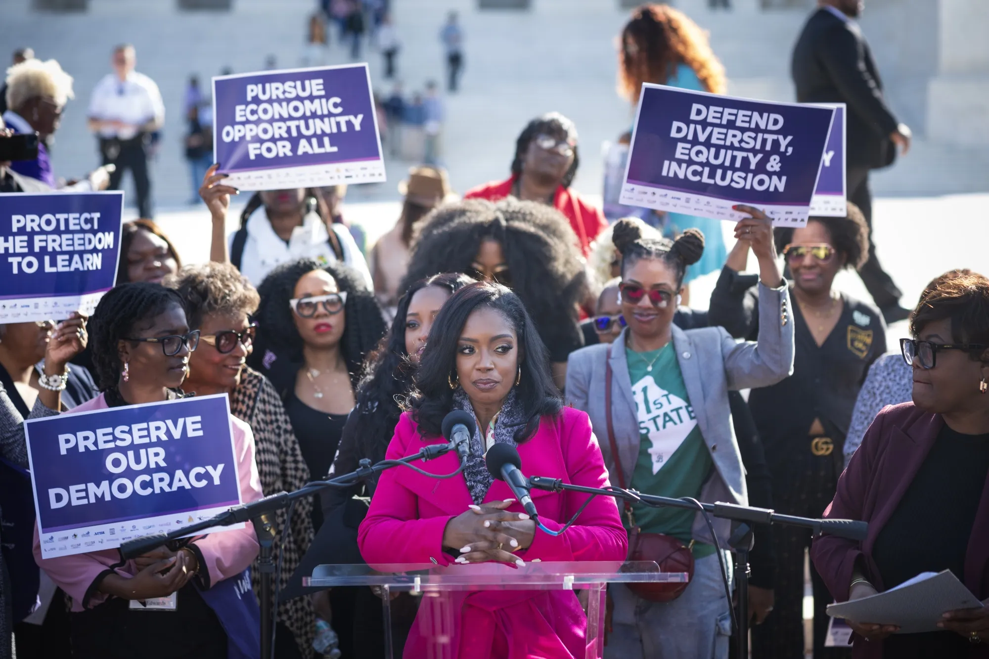 Arian Simone, chief executive officer of Fearless Fund,&nbsp;speaks outside the US&nbsp;Supreme Court in Washington, DC, on&nbsp;March 14.